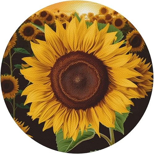 Hermoso juego de 4 posavasos de cuero con estampado de girasol, impermeables, antiquemaduras, para sala de estar, mesa de café de 4 pulgadas