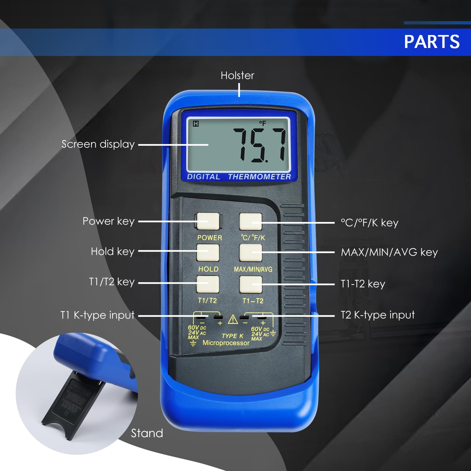Termómetro digital de dos canales con termopar tipo K de -50 a 1300 °C, incluye abrazadera de temperatura y sondas con cable, medición de la diferencia y máx/min/AVG y diferencia para hornos, hornos