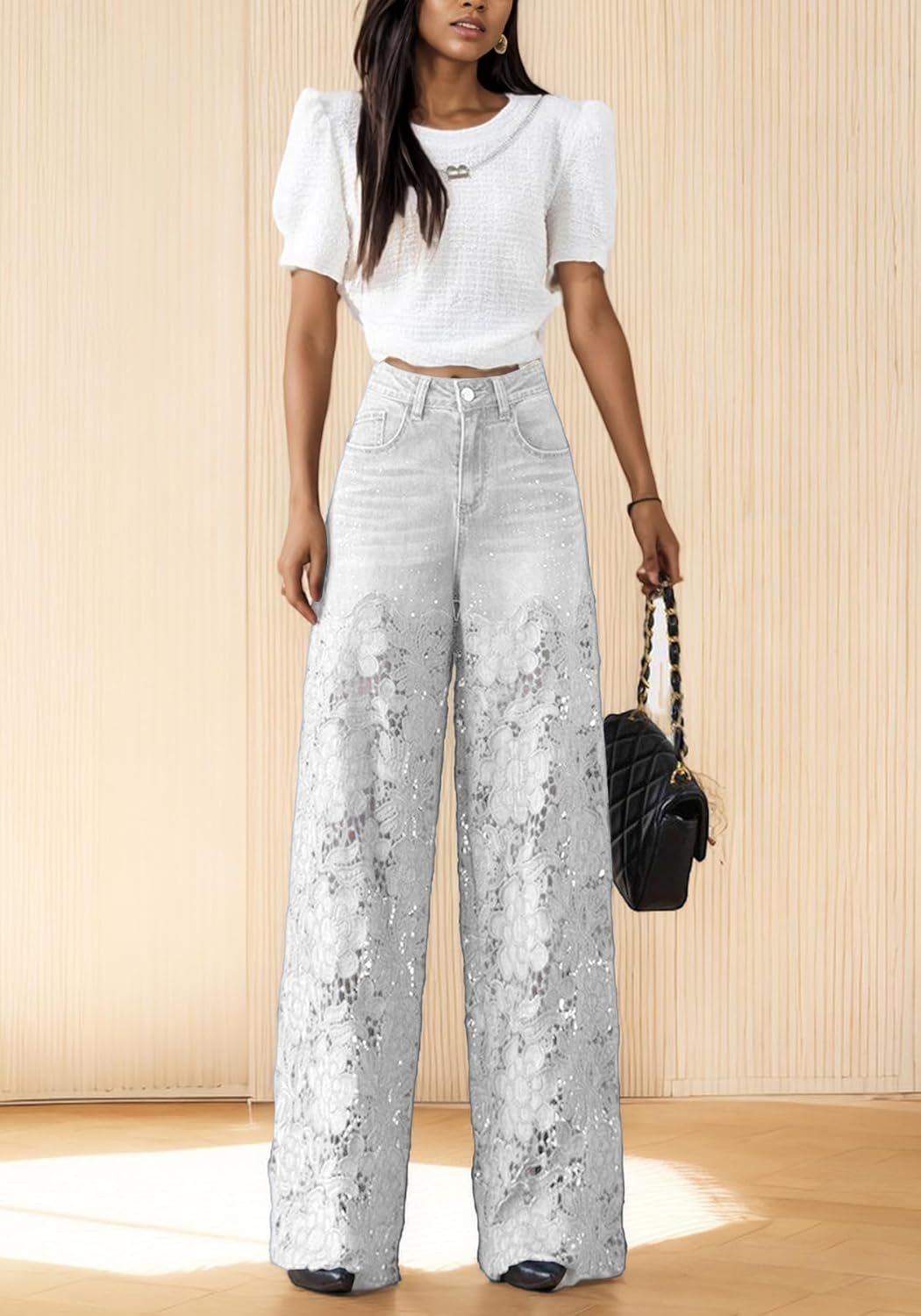 LETSVDO Womens Lace Patchwork Jeans High Waist Straight Wide Leg Hollow Out Sheer Flower Loose Baggy Denim Pants Trouser