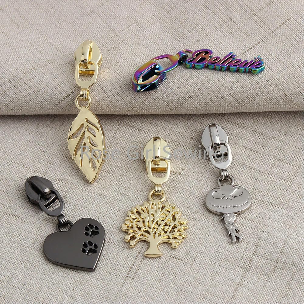5# Deslizadores de Cremallera de Metal con Dientes de Nailon para Bolsos, Cremalleras, Kit de reparación de Cabezales, Accesorios, Negro Pistola, 200 Piezas