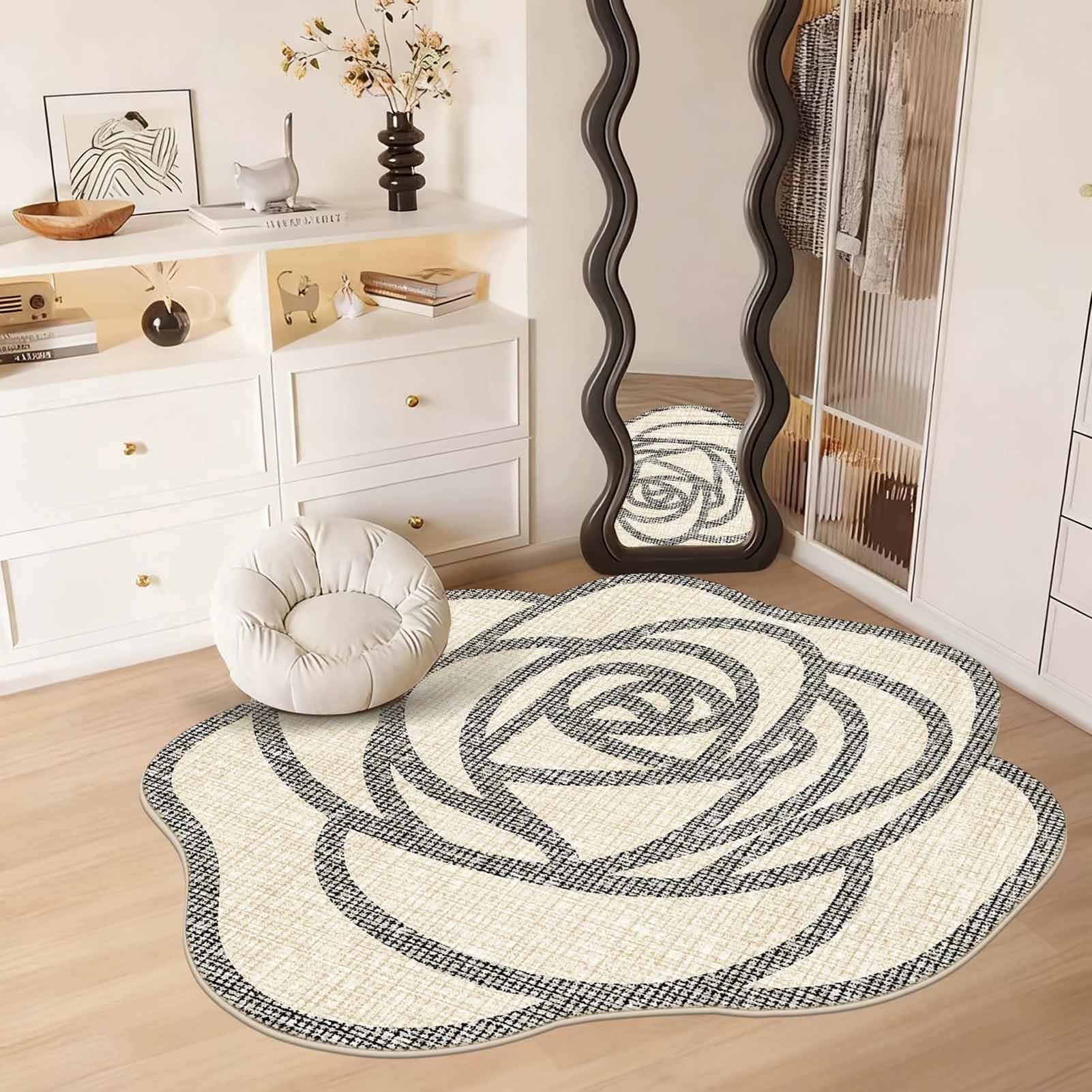 Tapis à poils courts en forme de fleur souple antidérapant pour salon et chambre