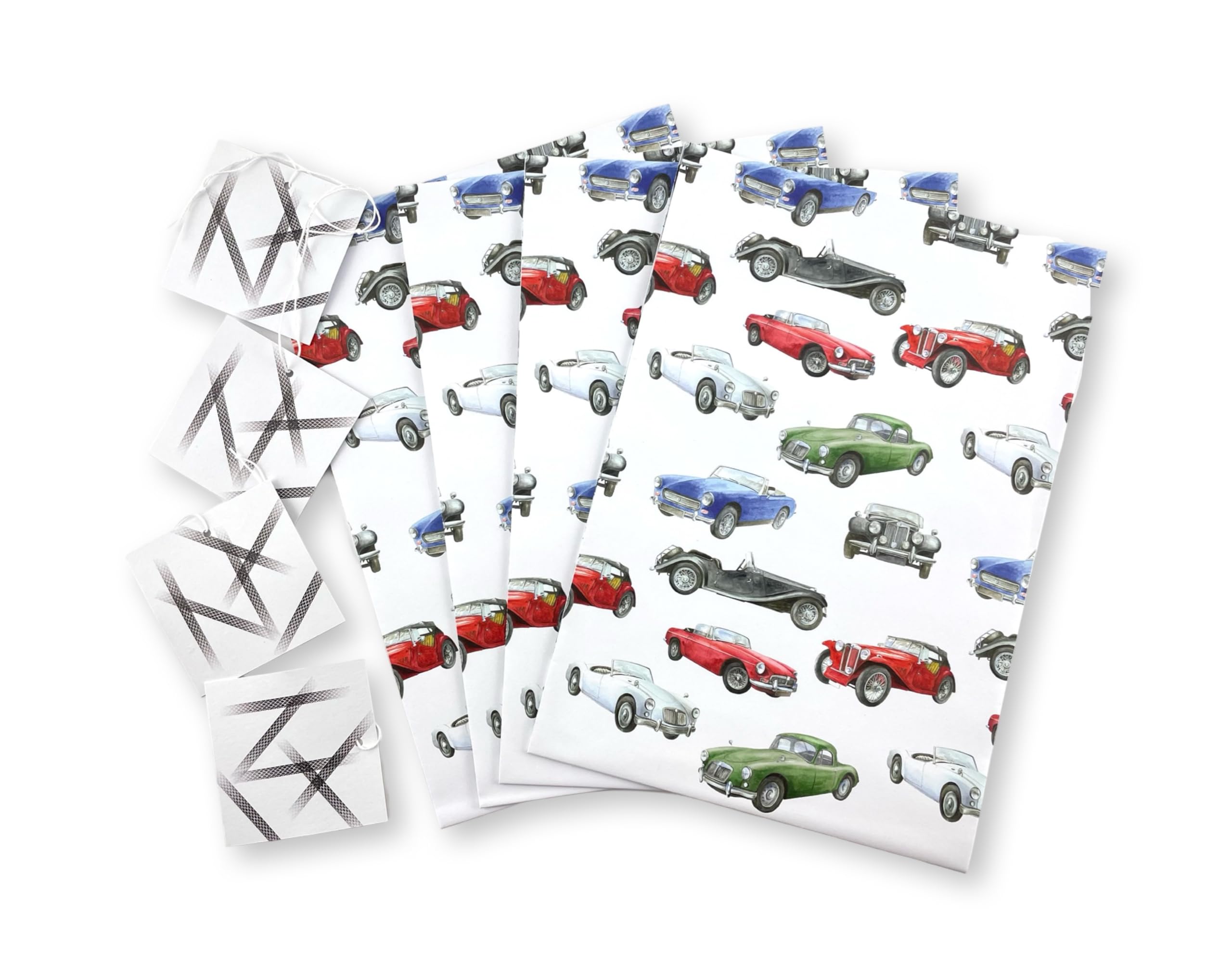 Classic Vintage Car Inspired Recycled and Recyclable Gift Wrapping Paper - 4 Sheets and 4 Gift Tags - birthday- Father's Day - Christmas Wrap