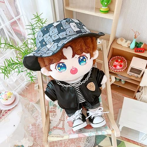 Miniatura 3 de niannyyhouse Muñeca de peluche de 7.9 in, chaqueta con gorro de cuero, camiseta a rayas, pantalones vaqueros, 8 pulgadas, ropa de muñeca de peluche
