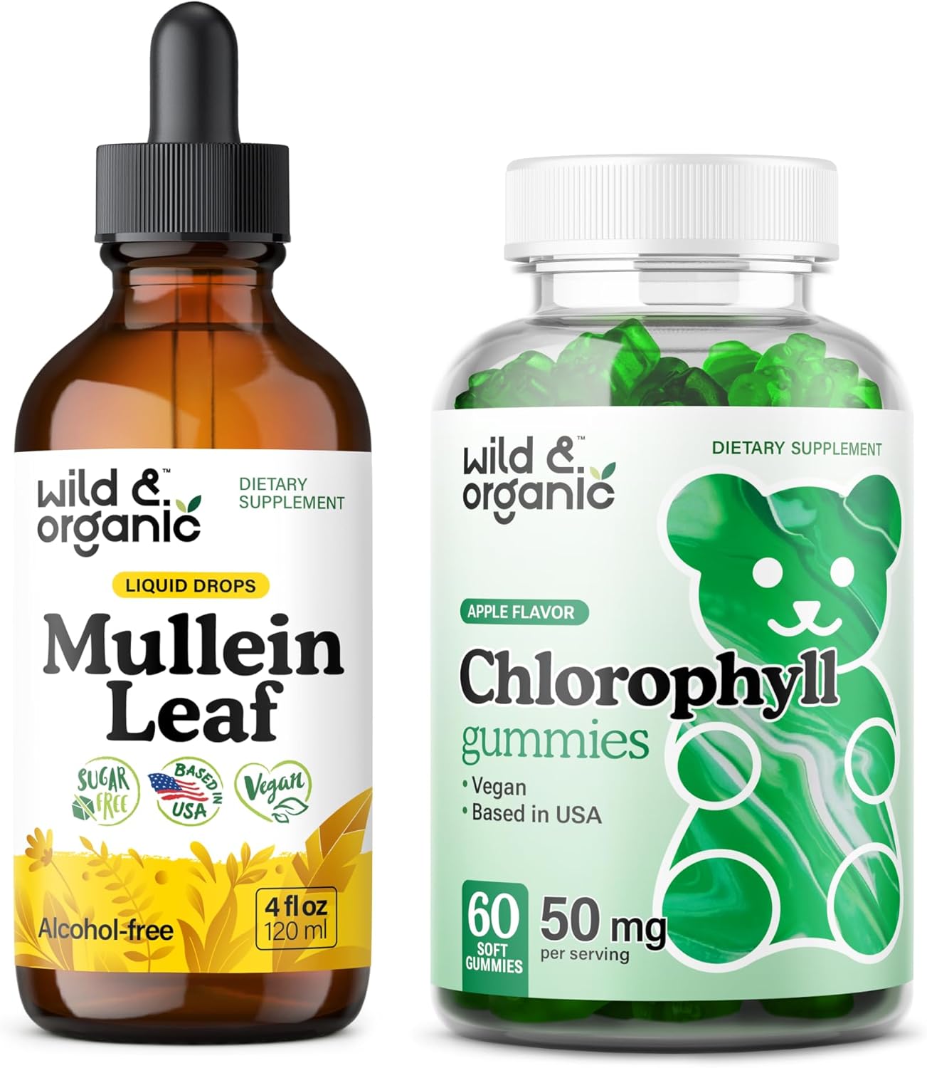 Wild & Organic Mullein Drops 4 oz & Chlorophyll Gummies 60 Chews