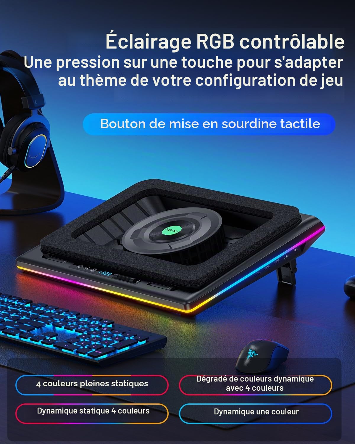 llano Refroidisseur Ordinateur Portable avec RGB, Ventilateur Turbo de 14cm Extra Large à Vitesse réglable,Mousse d'étanchéité, concentrateur USB de 3 Ports pour portatile de 38 à 48cm