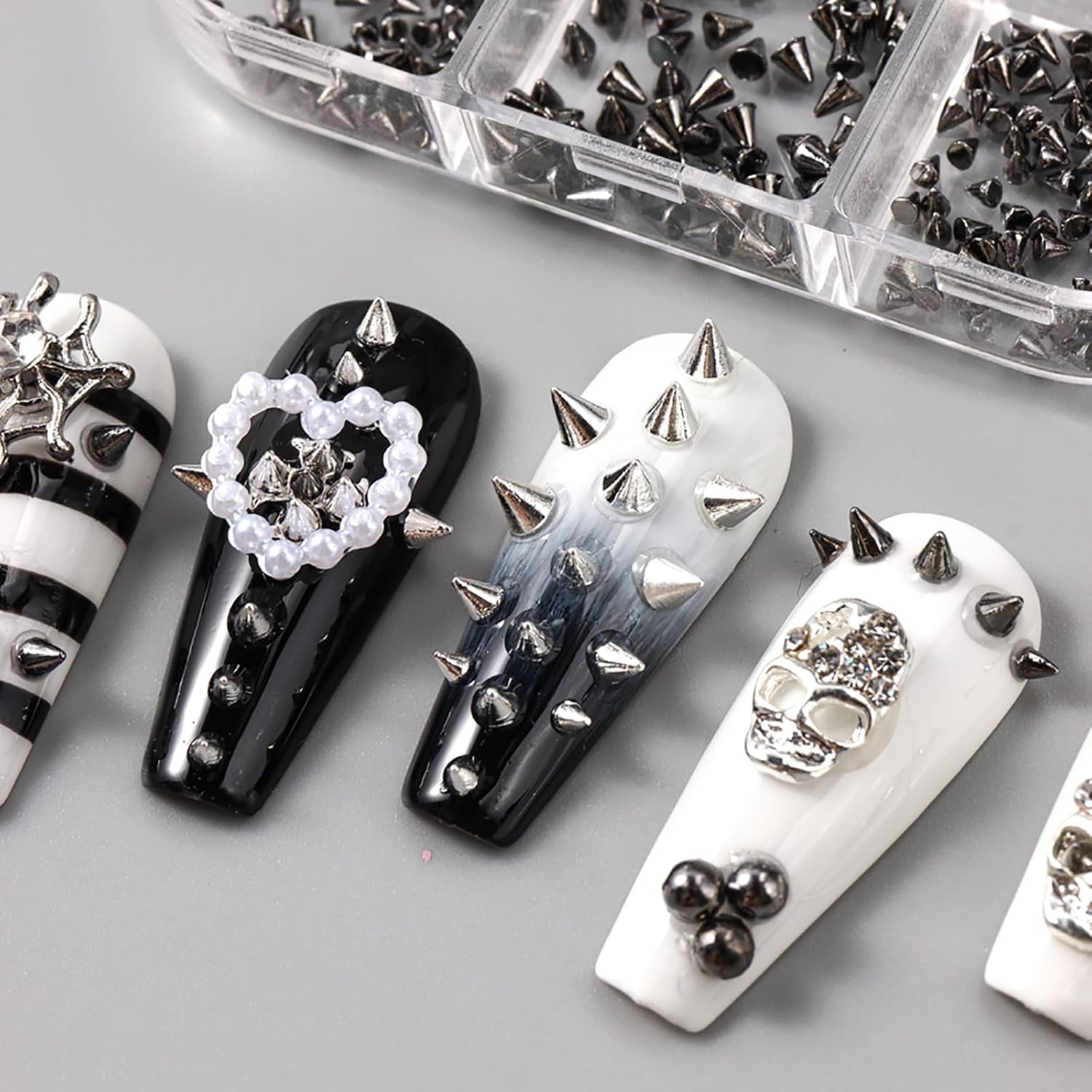 3D Mini Metal Punk Nail Art Studs, Mixed Sizes Silver & Black Cone Spikes Nail Charms, Alloy Rivets Decoration for Gothic Y2K Jewelry Manicure DIY Accessories with Pickup Pen & Tweezers