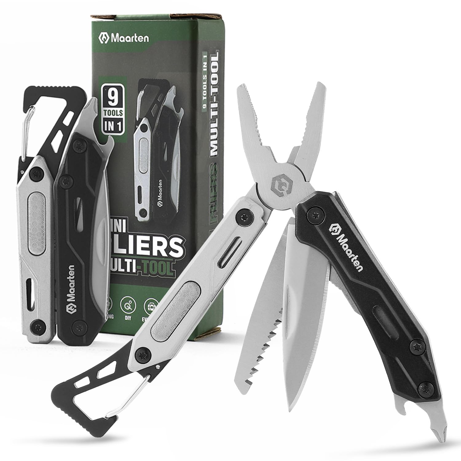 Maarten Mini Multitool, Lightweight 9 in 1 Professional Stainless Steel Multi Tool Keychain Pocket Pliers with Carabiner, Safety Lock Small Multitool
