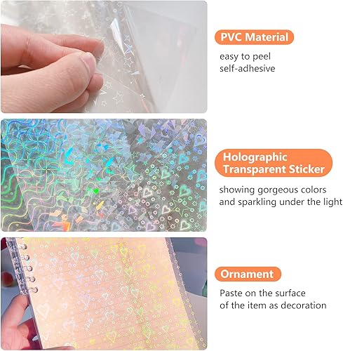 Miniatura 2 de 30 hojas de papel holográfico transparente de vinilo holográfico laminado película de superposición autoadhesiva con patrones de estrella arcoíris