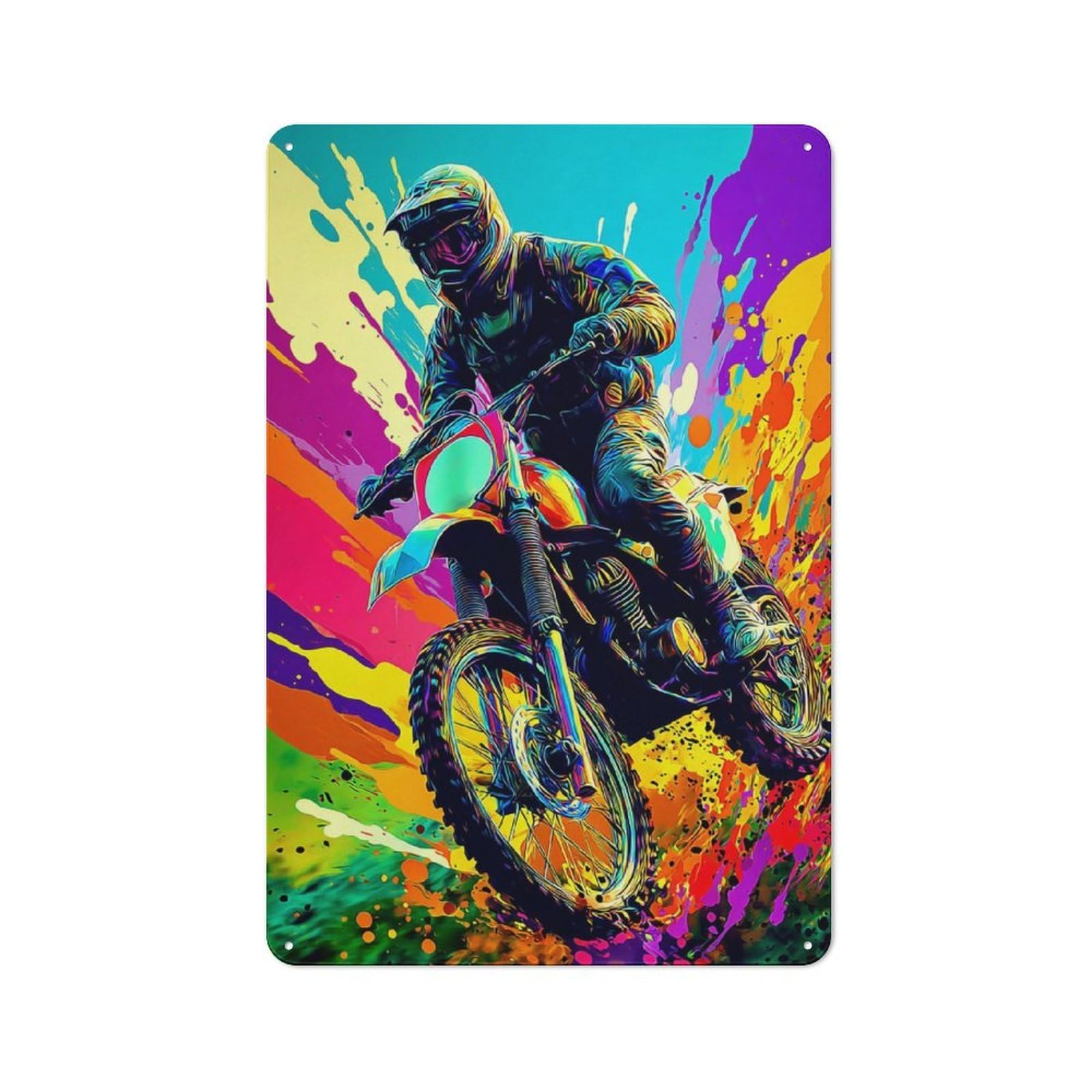 Metal Wall Plaque with Colorful Motocross Rider Artwork Design 30x20cm, Old Fashioned Vintage Wall Decor for Living Room, Hallway, Kitchen Or Cafe