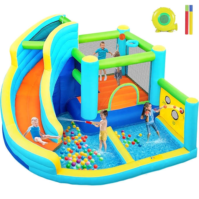 FBSPORT充气蹦床乐园儿童户外充气城堡带水滑梯、攀岩墙、跳跳池和投球区