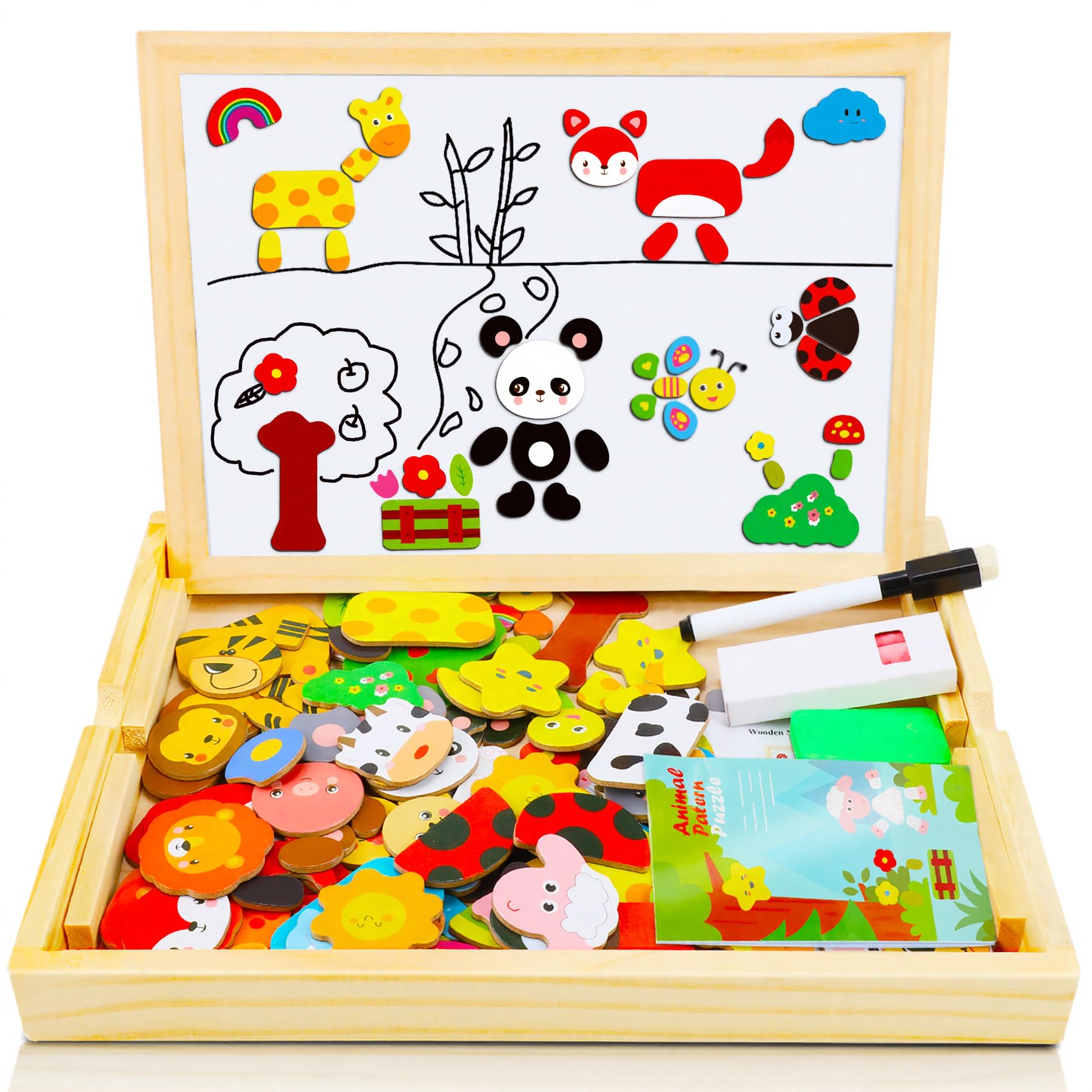 100+ PCS Wooden Magnetic Puzzle, Magnetic Puzzle Board, Cute Pets Pattern Games Double Sided Jigsaw, Educational Drawing Easel Blackboard Wood Toys For Kids Up 3 Years Old Imagination