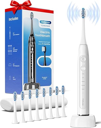 Onlyone Cepillo de dientes eléctrico sónico, blanco, tecnología ultrasónica con 40,000 golpes por minuto, 5 modos de limpieza, pantalla LED,