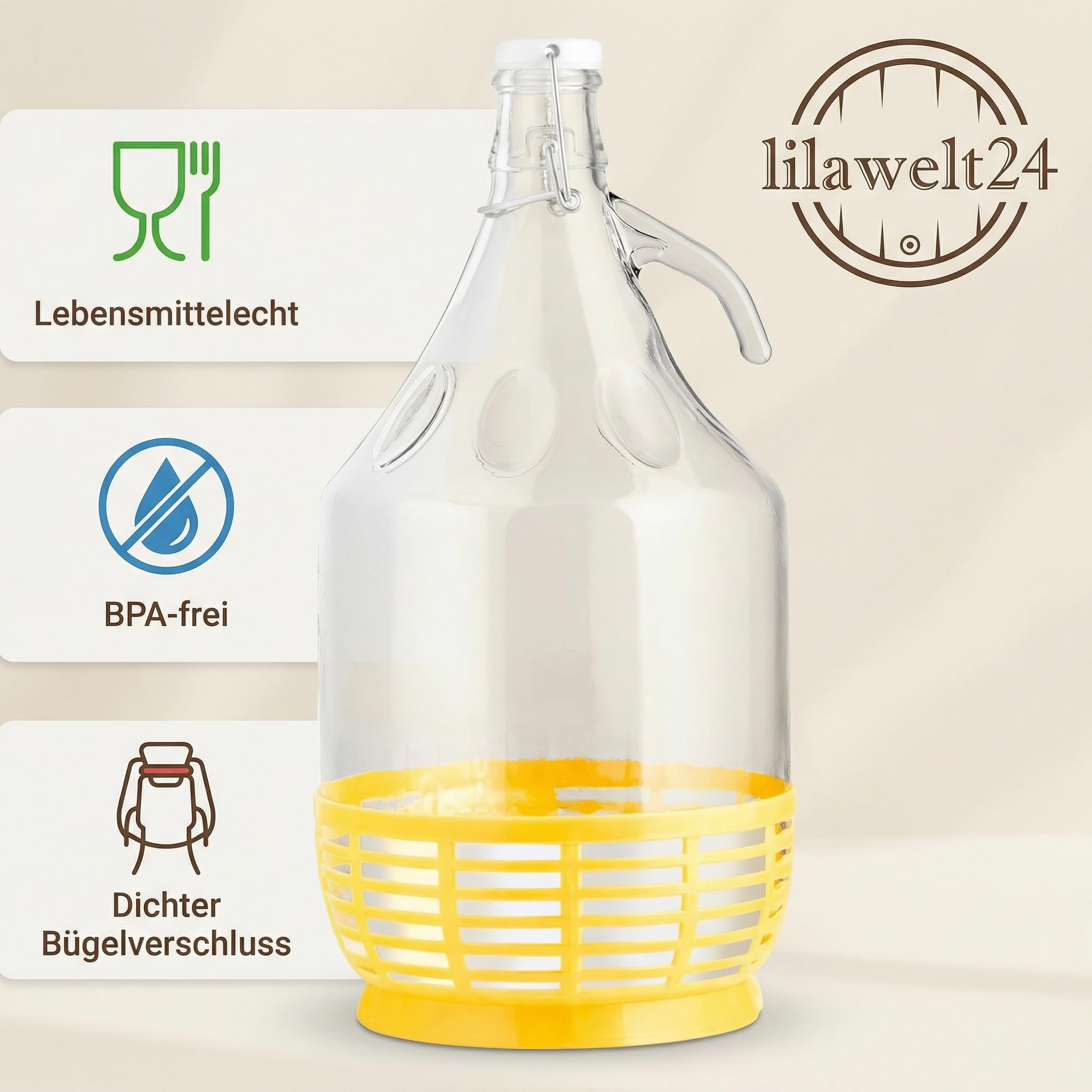 lilawelt24 6 x 5L Glasballon (Gallone) mit Bügelverschluss, Henkel & Kunststoffkorb - Glasflasche für Wein, Gärung, Saft, Likör & Einmachen