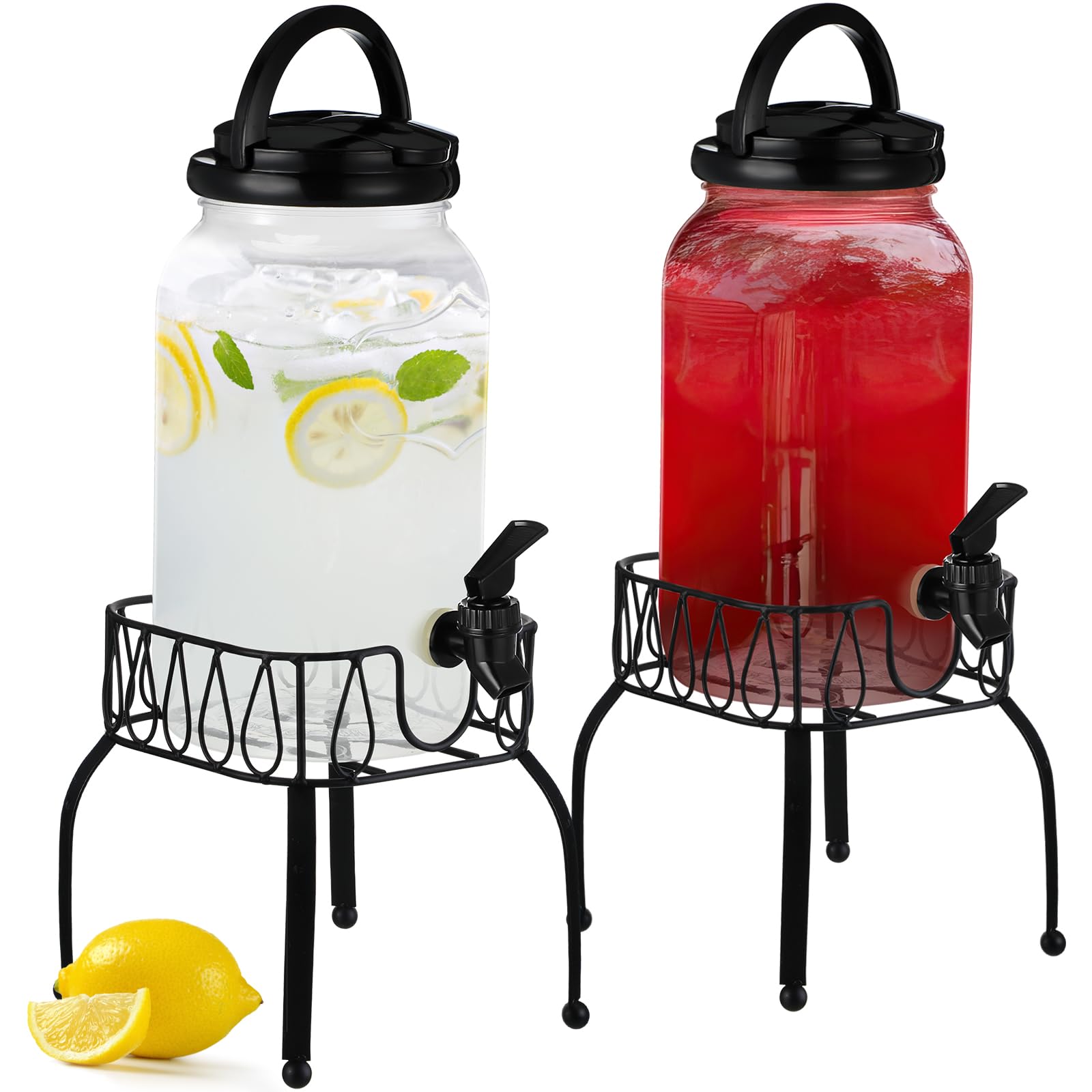 Tanlade 2 Pcs Plastic Drink Dispenser with Stand Beverage Dispenser with Sturdy Metal Base Juice Jar for Parties Lemonade Jar Spigot for Weddings