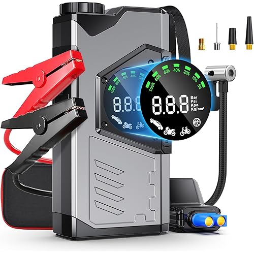 Portable Car Jump Starter with Air Compressor, 3000A Portable Jump Starter Pack with 150PSI Tire Inflator, 12Volt Jump Start Battery Pack with LCD Display/Flashlight (Up All Gas/8.5L Diesel)