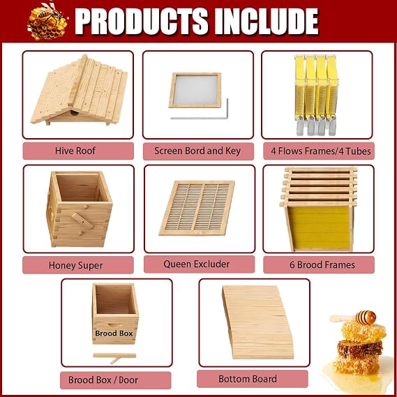 Beehive Starter kit, Self-Flow Hive Beehive Starter Kit, Self-Flowing Honey Beehive with 4 Frames & 6 Honeycomb Trays, Automatic Honey Harvesting for Garden Pollinators