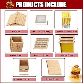 Beehive Starter kit, Self-Flow Hive Beehive Starter Kit, Self-Flowing Honey Beehive with 4 Frames & 6 Honeycomb Trays, Automatic Honey Harvesting for Garden Pollinators