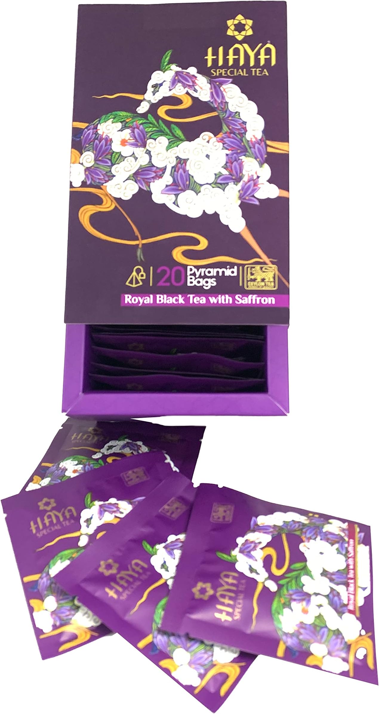 Royal Black Tea With Saffron (20 Pyramid Tea bags)- Sri Lanka Pure Ceylon Organic Loose Leaf Tea Box- Natural, Stress Relief & Caffeine Free- Individually Wrapped