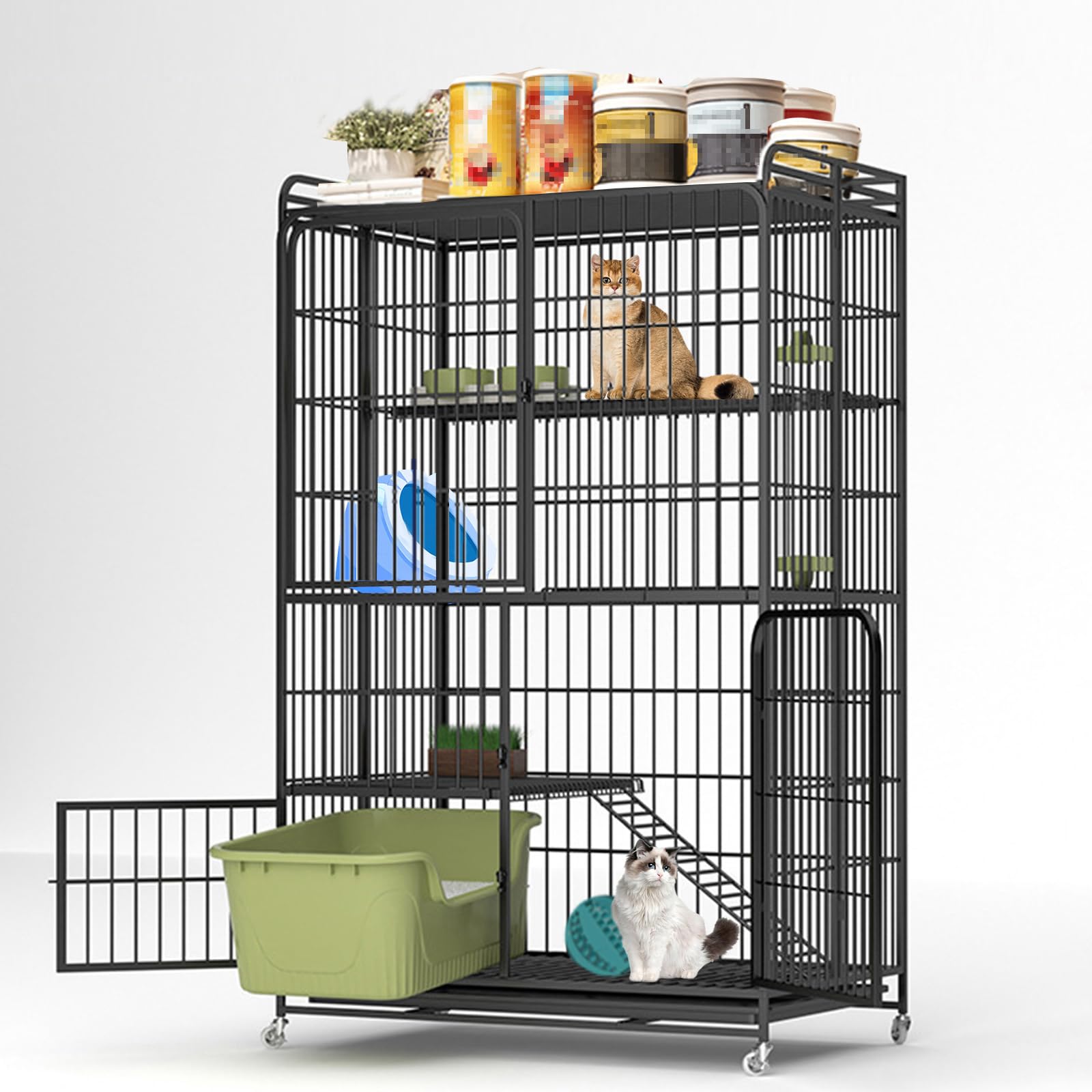 Multi-Tier Collapsible Metal Cat Cage with 360° Rotating Casters, Cat Cages Indoor with Ramp Ladders, Outdoor Enclosure Pet Playpen for Adult Cats