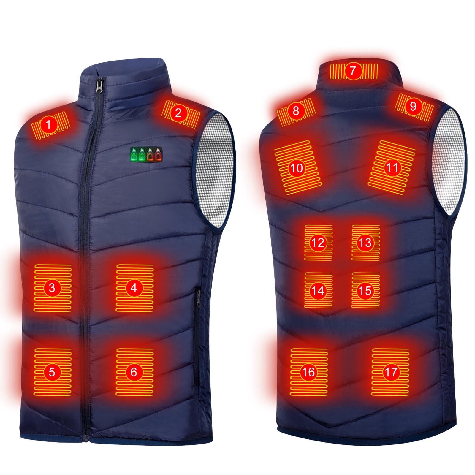 Gilet chauffant pour homme et femme, veste chauffante pour le corps, 17 zones de chauffage, veste chauffante avec 3 températures réglables, gilet chauffant rechargeable par USB, coupe-vent chauffant
