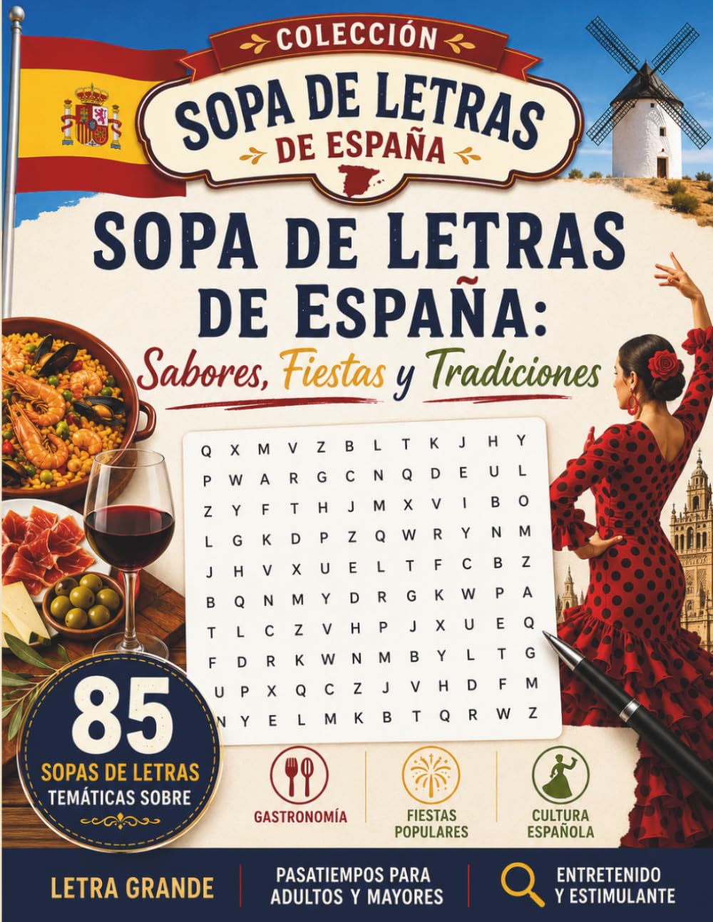 Sopa de Letras de España: 85 Pasatiempos de Sabores, Fiestas y Tradiciones Españolas Letra Grande para Adultos y Mayores