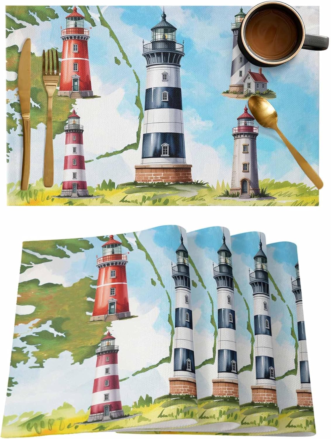 Ocean Lighthouse Placemats Set of 4, Nautical Coastal Island Vintage Watercolor Placemats for Dining Table Place Mats for Kitchen Table Waterproof Table Mats, Wipeable Dining Table Set
