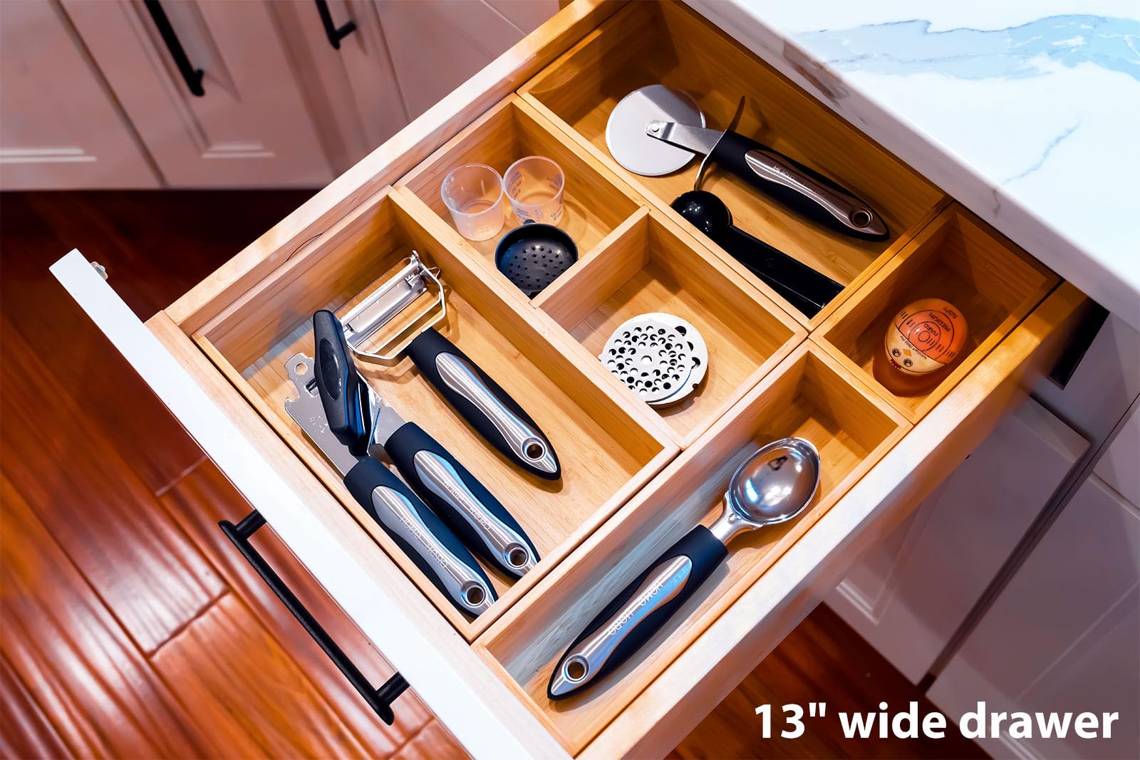 Umilife Schubladen-Organizer, Aufbewahrungsboxen, 6,3 cm hoch, Bambus-Schubladenteiler, 5 neu anordbare Behälter für Küche, Büro, Schreibtisch, Kleidung, Make-up, Schminktisch, Schmuck