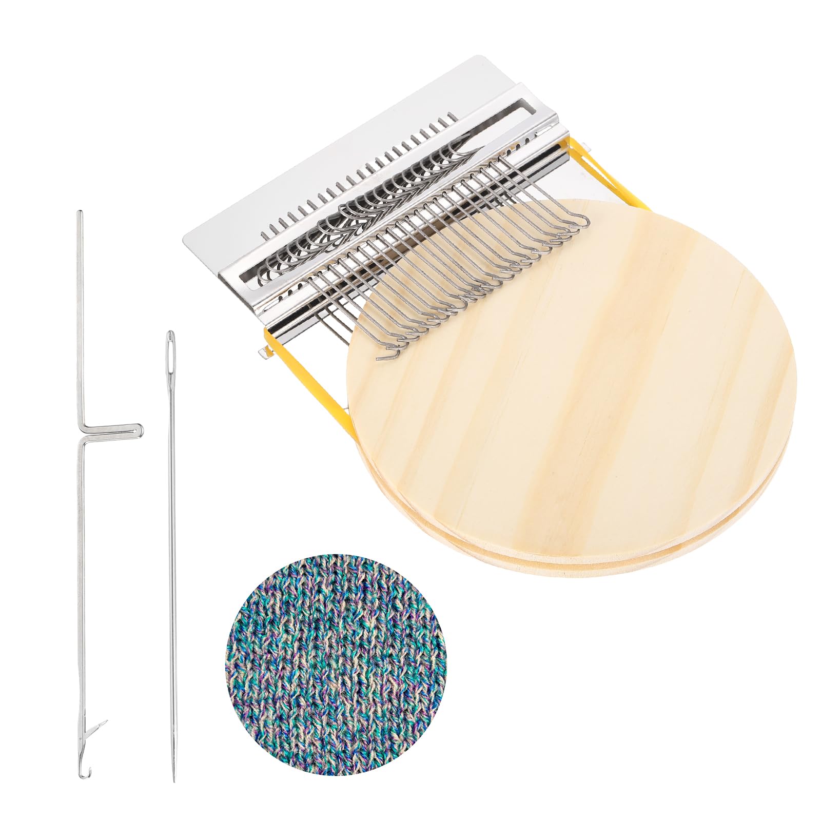 sourcing map Mini Darning Loom, 21 Hooks Wood Weaving Knitting Machine with Knitting Needles for Repair Jeans Socks DIY Craft, Knit Patch Loom Weave Tool, Silver