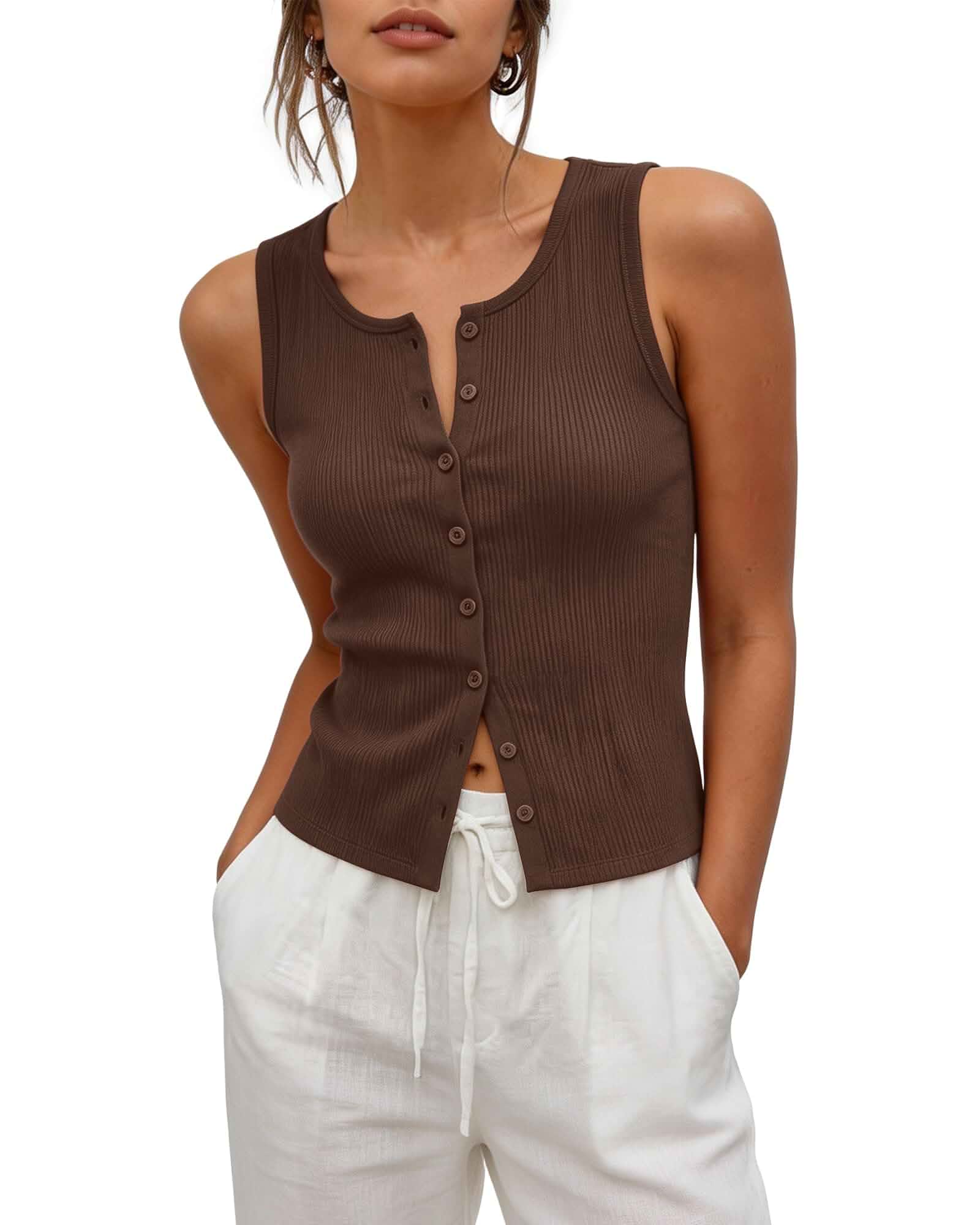 Womens Sleeveless Button Down Shirts Cropped Lightweight Crew Neck Ribbed Knit Tank Top Y2K Clothes Trendy Vest Tops Sleeveless