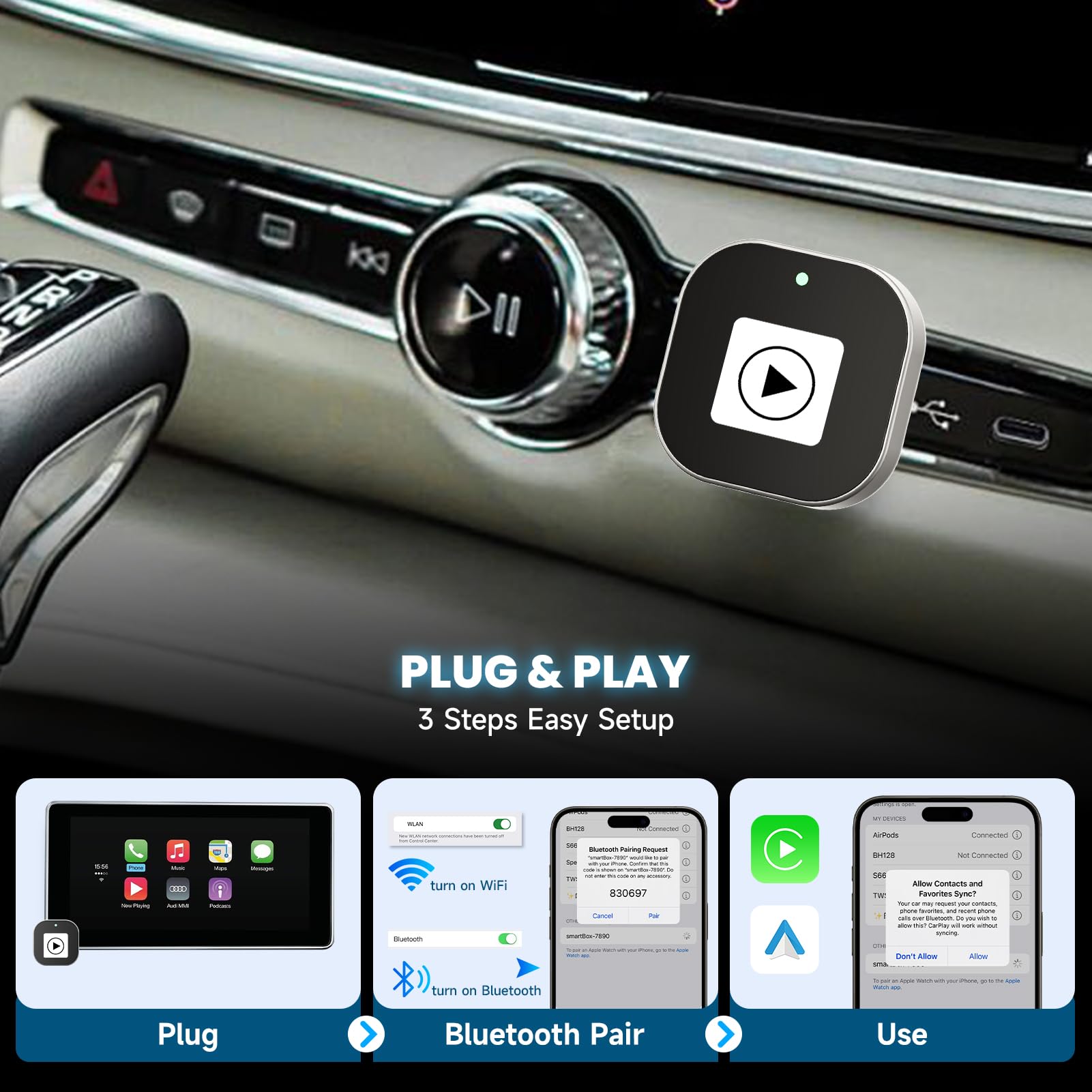 Spedal CL322 Adaptador Inalámbrico CarPlay y Android Auto, Mini USB CarPlay, Convierte Cableado a Inalámbrico, Plug & Play, Reconexión Automática, Compatible con iPhone 6+/Android 11+ (Coches 2016+)
