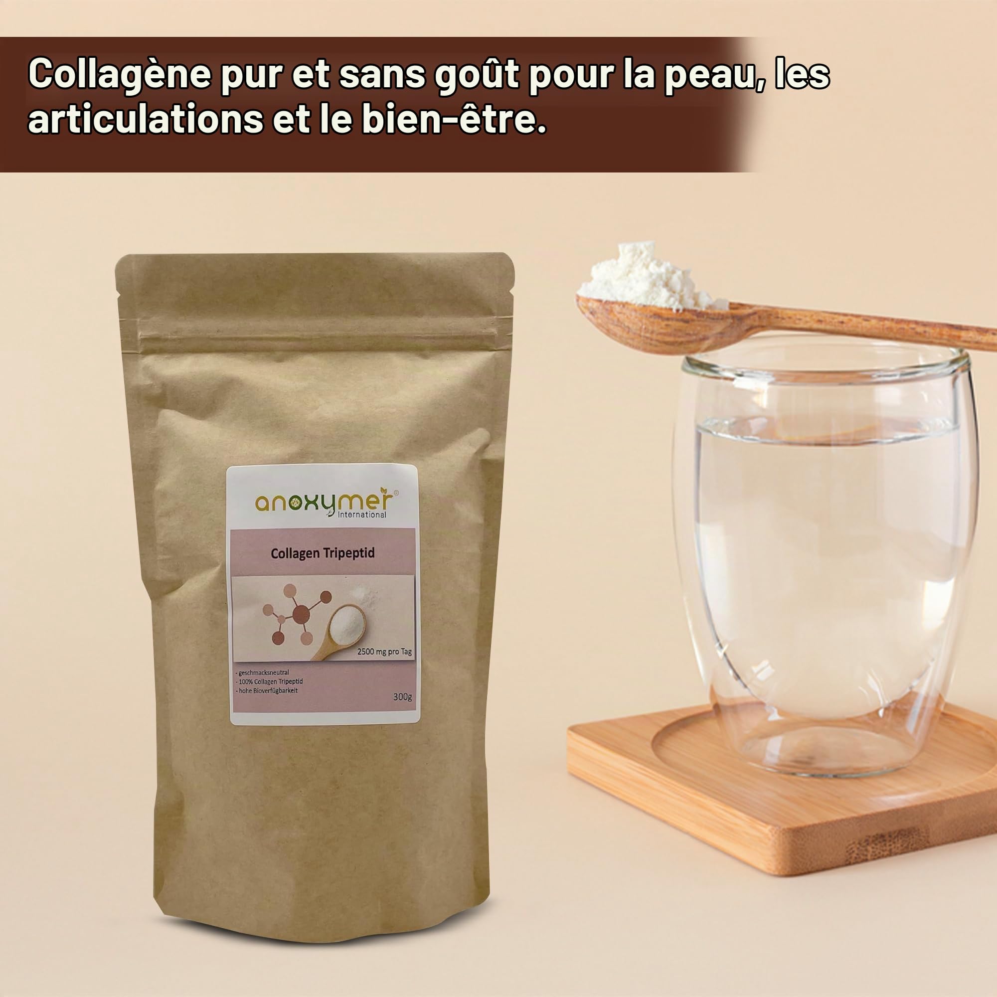 Hydrolysate de collagène - Tripeptide - 300 g - Bonne solubilité - Sans goût - Sans additifs - Du bœuf - Haute biodisponibilité - Seulement 2,5 g par jour (1 cuillère à café)