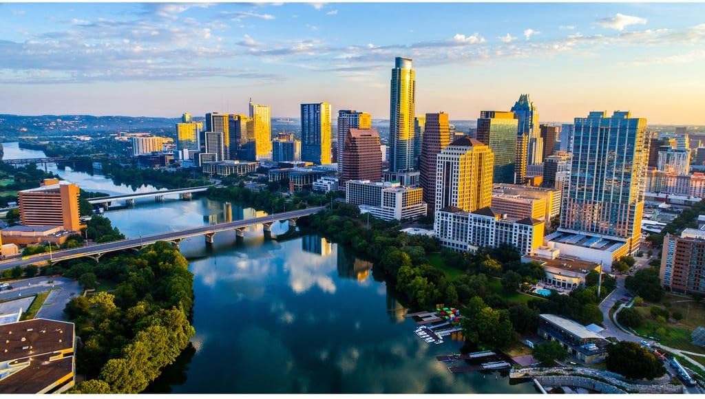 Austin Texas Skyline Tranquil Lady Bird Lake at Sunrise Photo Photograph Cool Wall Art Print Poster 36x24