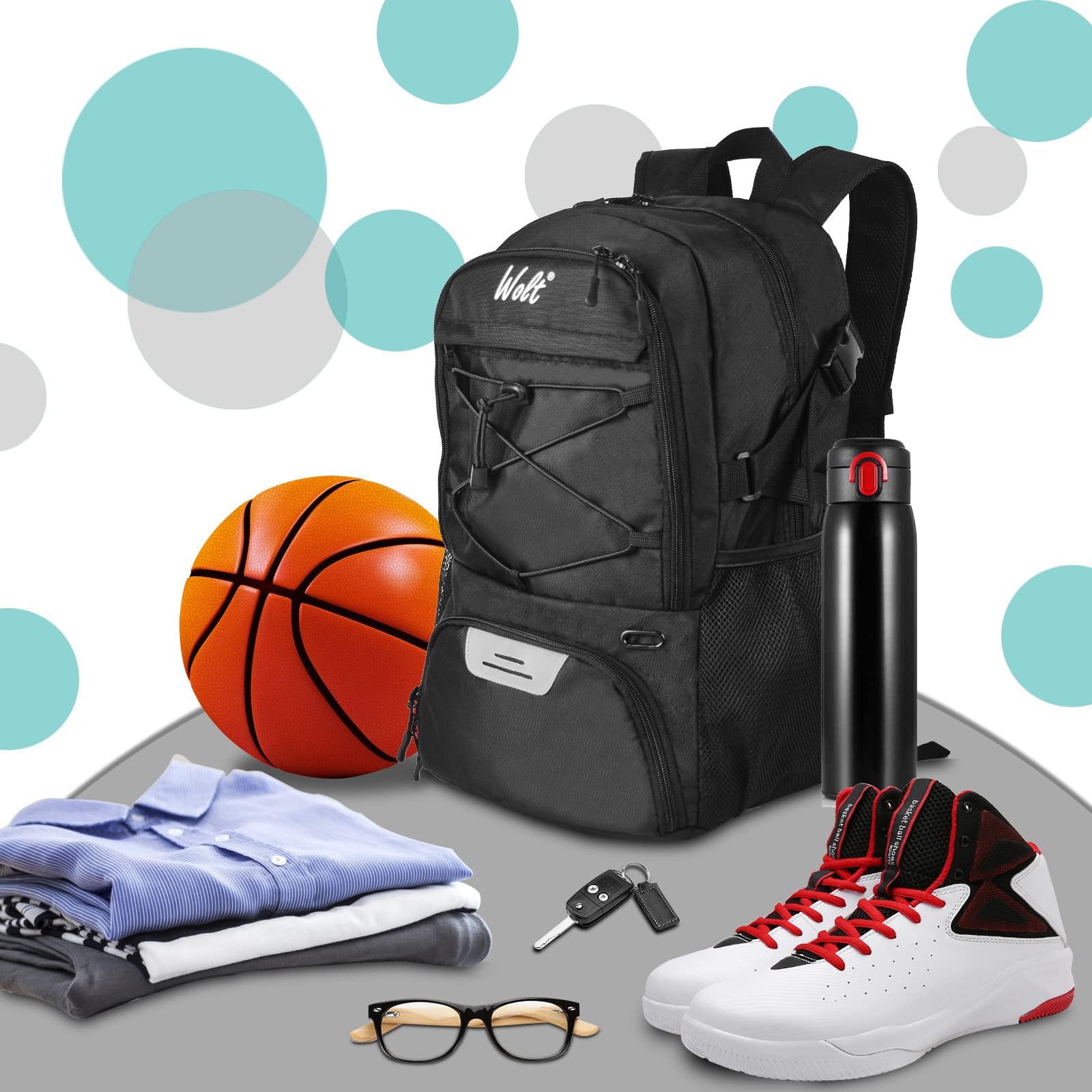 WOLT Bolsa de fútbol con portaequipajes Mochila de Baloncesto con Porta balones Mochila Deportiva con Bolsillo para Botella de Agua