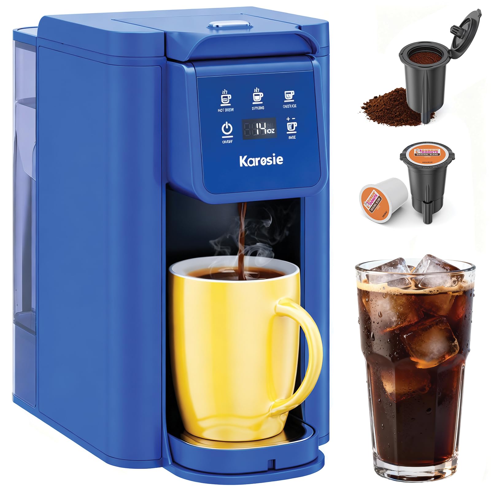 Karosie K Cup Coffee Maker, Hot & Iced Coffee Maker for K Cup and Grounds, 6-14 Oz Brew Sizes, 50oz Removable Tank, Single Cup Coffee Maker with Descaling Reminder, Stainless Steel, Black — view 8