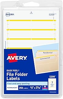 Avery File Folder Labels on 4" x 6" Sheets, Easy Peel, White/Yellow, Print or Write, 2/3" x 3-7/16", 252 Labels (5209)