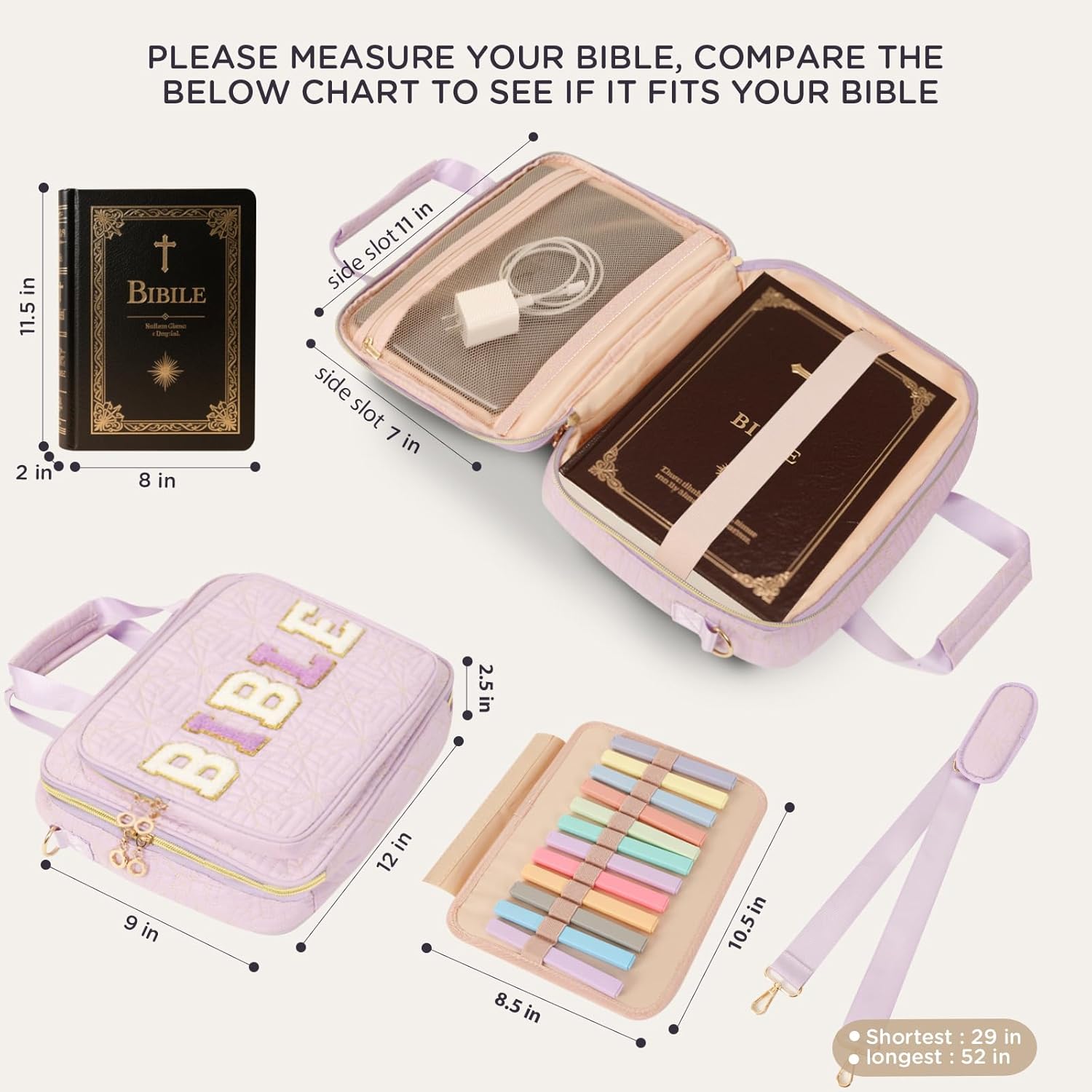 Bible Cover Case for Women Large Bible Bag with Soft Handle & Shoulder Strap, Bible Carrying Case for Women Bible Cover with Multi-Pockets, Bible Holder for Study Supplies Gift for Christian
