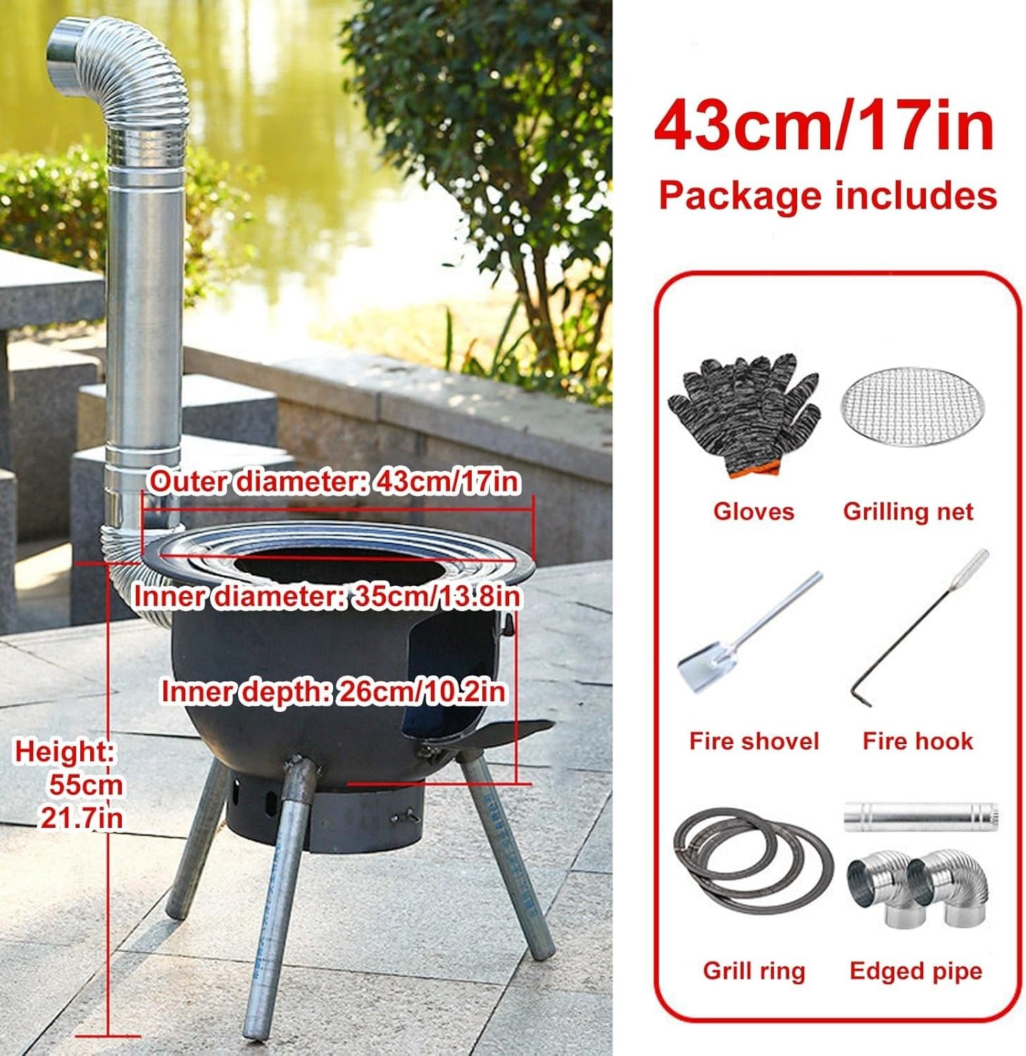 Abertura Leña Ampliada, Extraíble Y Fácil De Transportar, Estufa De Leña for Acampar, Estufa De Leña Portátil, for Acampar Al Aire Libre, Calefacción De Tiendas, con Accesorios De Montaje(43cm/17in)