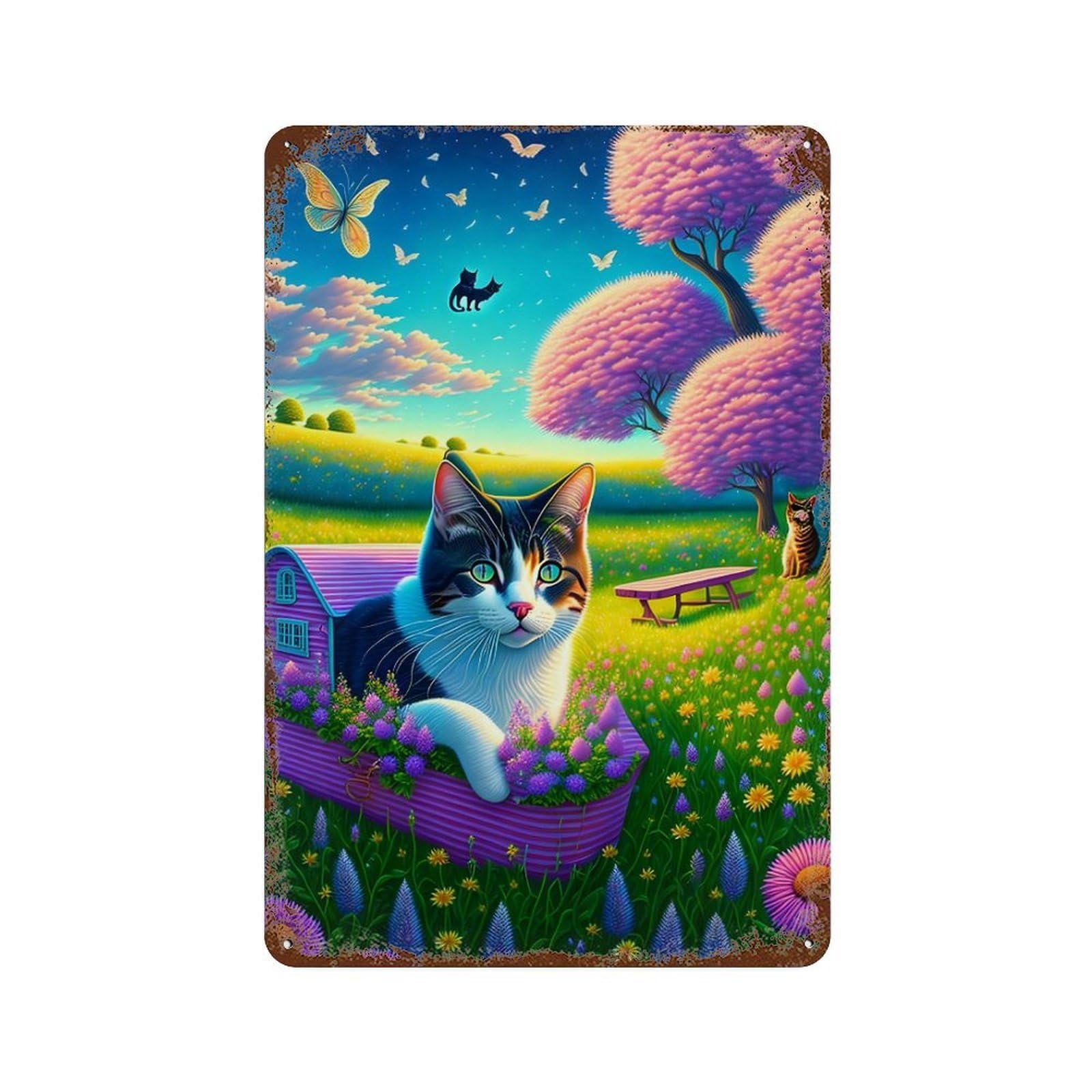 Fantasy Garden Cat House Weathered Tin Sign 11.8"x7.9", Farmhouse Wall Decor for Garage, Pub Or Kitchen