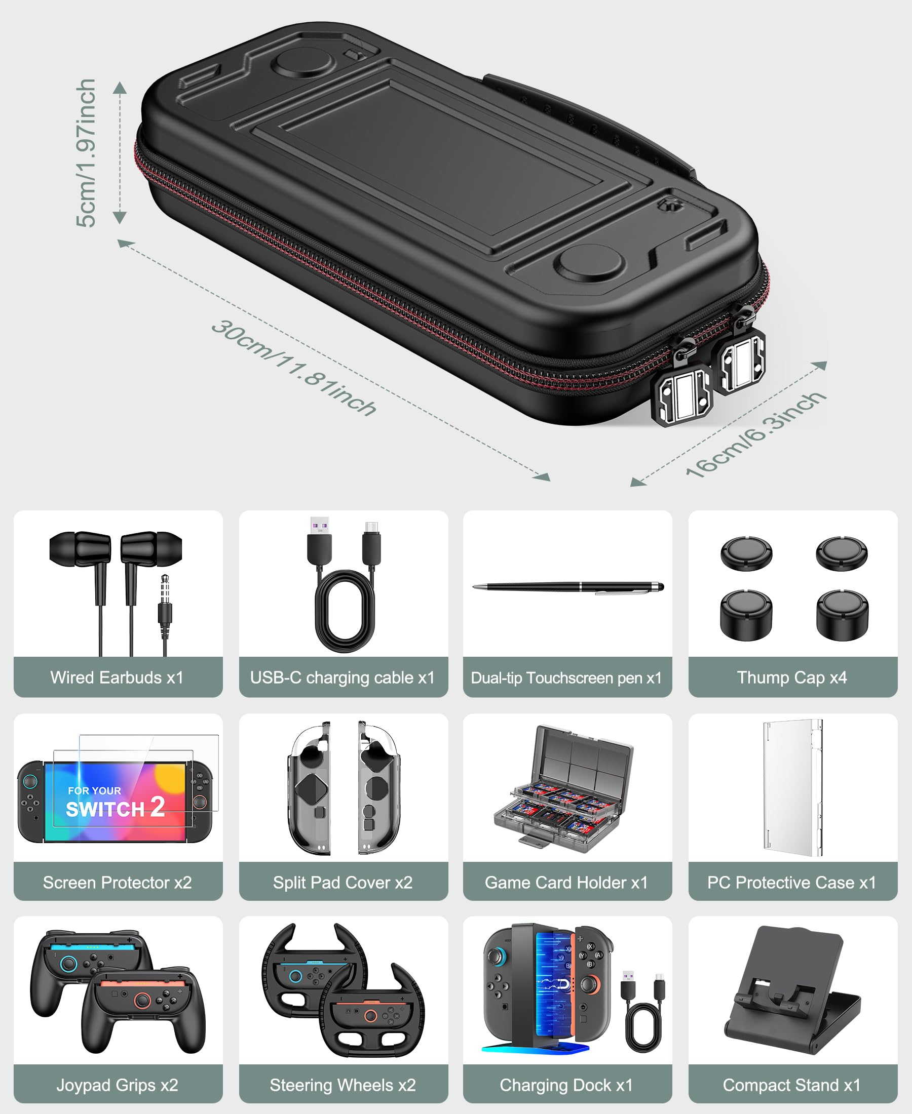 NinABXY Switch 2 Accessori, Bundle 18-IN-1 per Nintendo Switch 2 2025: custodia per il trasporto, custodia per PC trasparente divisa magnetica, doppio dock di ricarica, porta carte di gioco, volanti