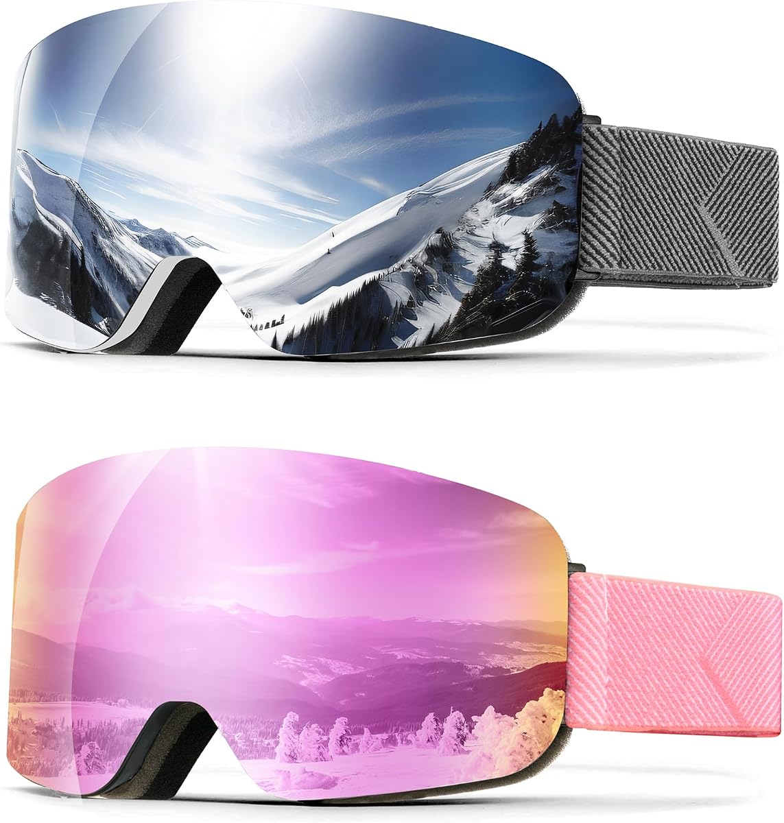 Paquete de 2 gafas de esquí para hombres y mujeres, gafas de nieve, gafas de Snowboard antivaho con protección UV 100%