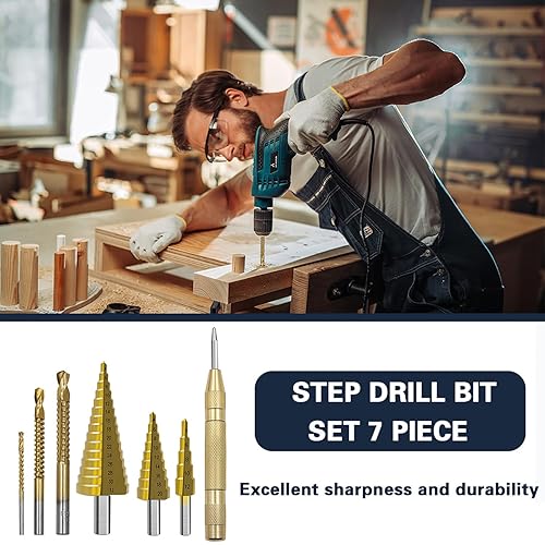 Miniatura 5 de Juego de brocas escalonadas, 7 piezas, revestimiento de titanio, con punzón central automático, cuchillas de corte dobles de longitud corta,