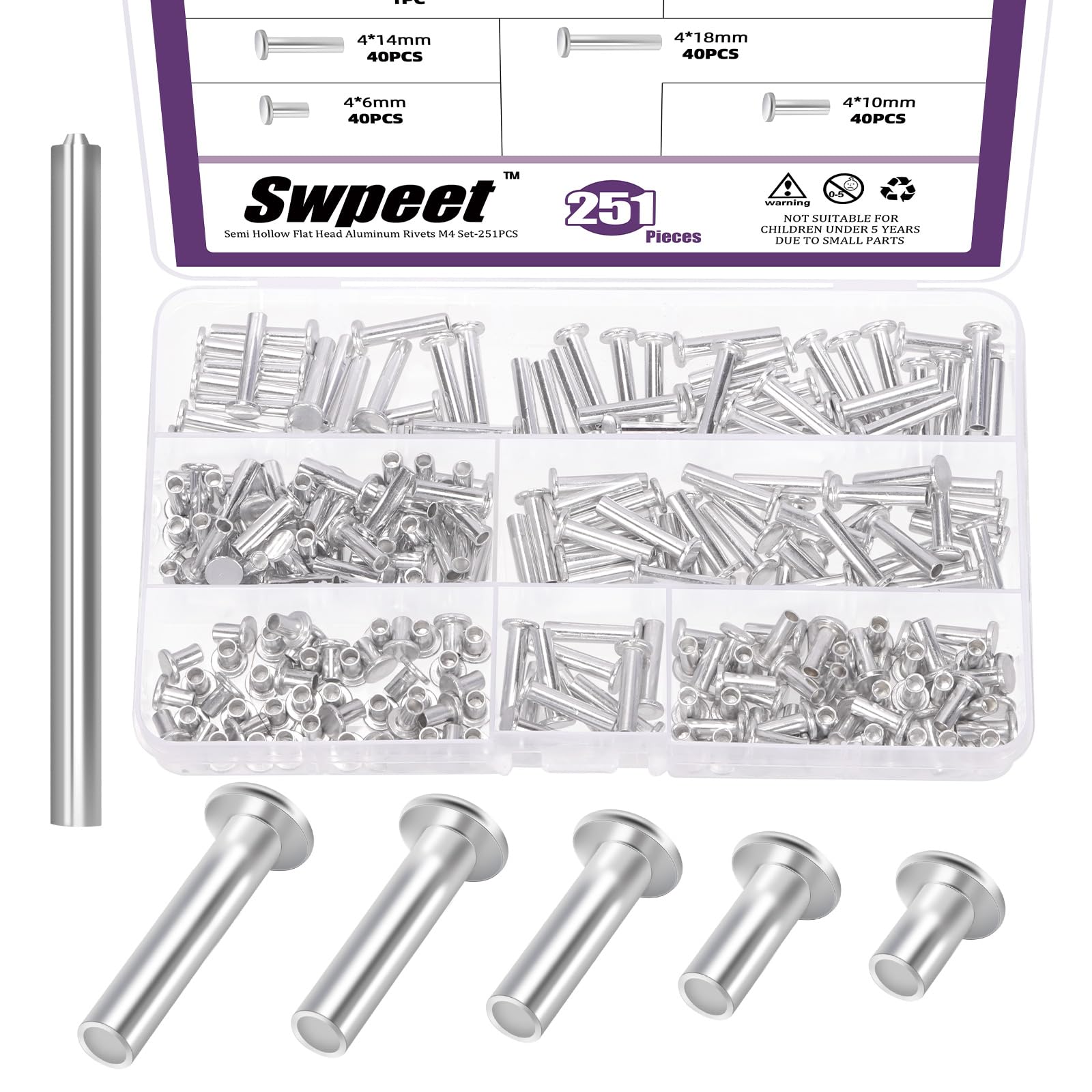 Swpeet 251Pcs 5 Sizes M4×6mm/10mm/14mm/18mm/20mm Aluminum Flat Head Semi Tubular Rivets with Punch Assortment Kit, Round Flat Head Semi Tubular Rivets