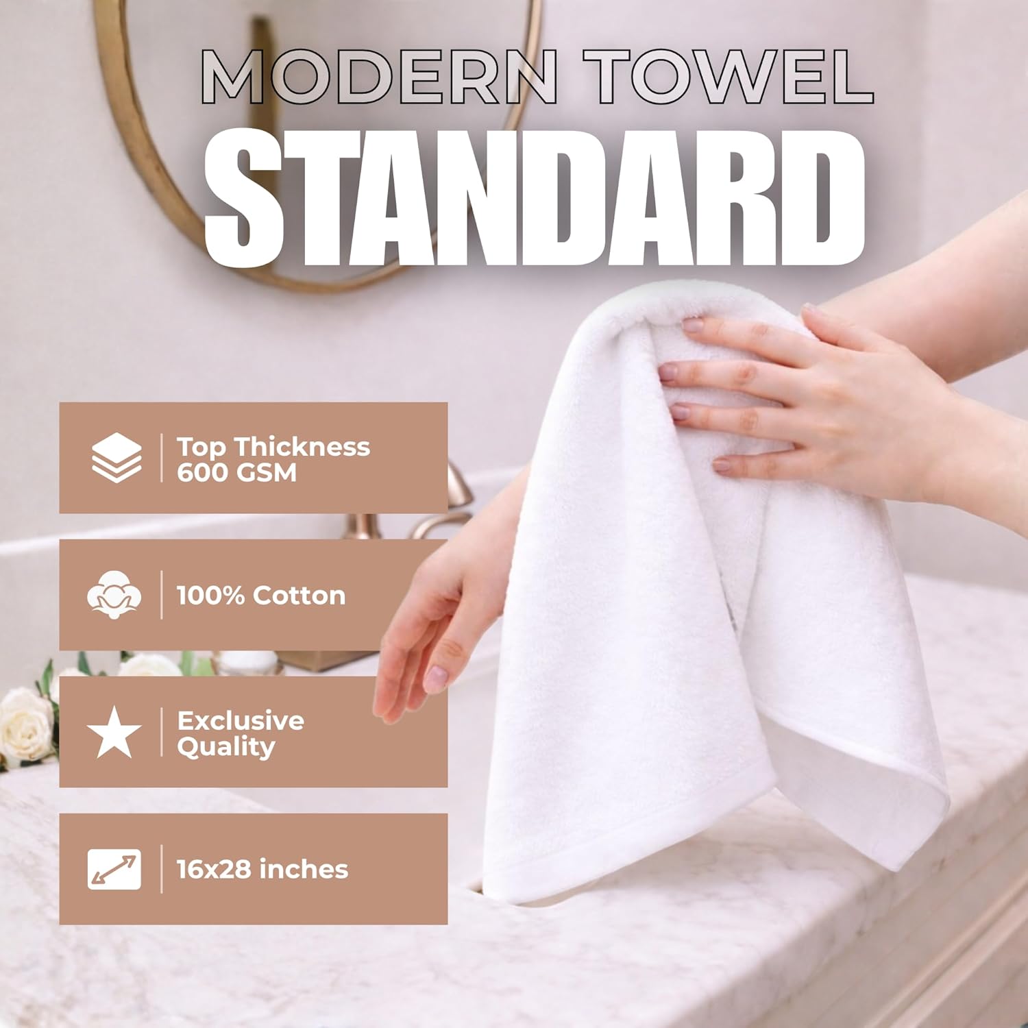 Set of 6 Luxurious Hand Towels for Bathroom, 16x28 inches, 100% Cotton, Ultra-Soft, Absorbent & Durable, 600GSM Bathroom Hand Towel - Ideal for Gym, Bath, Spa Use (White, 6 Pack)