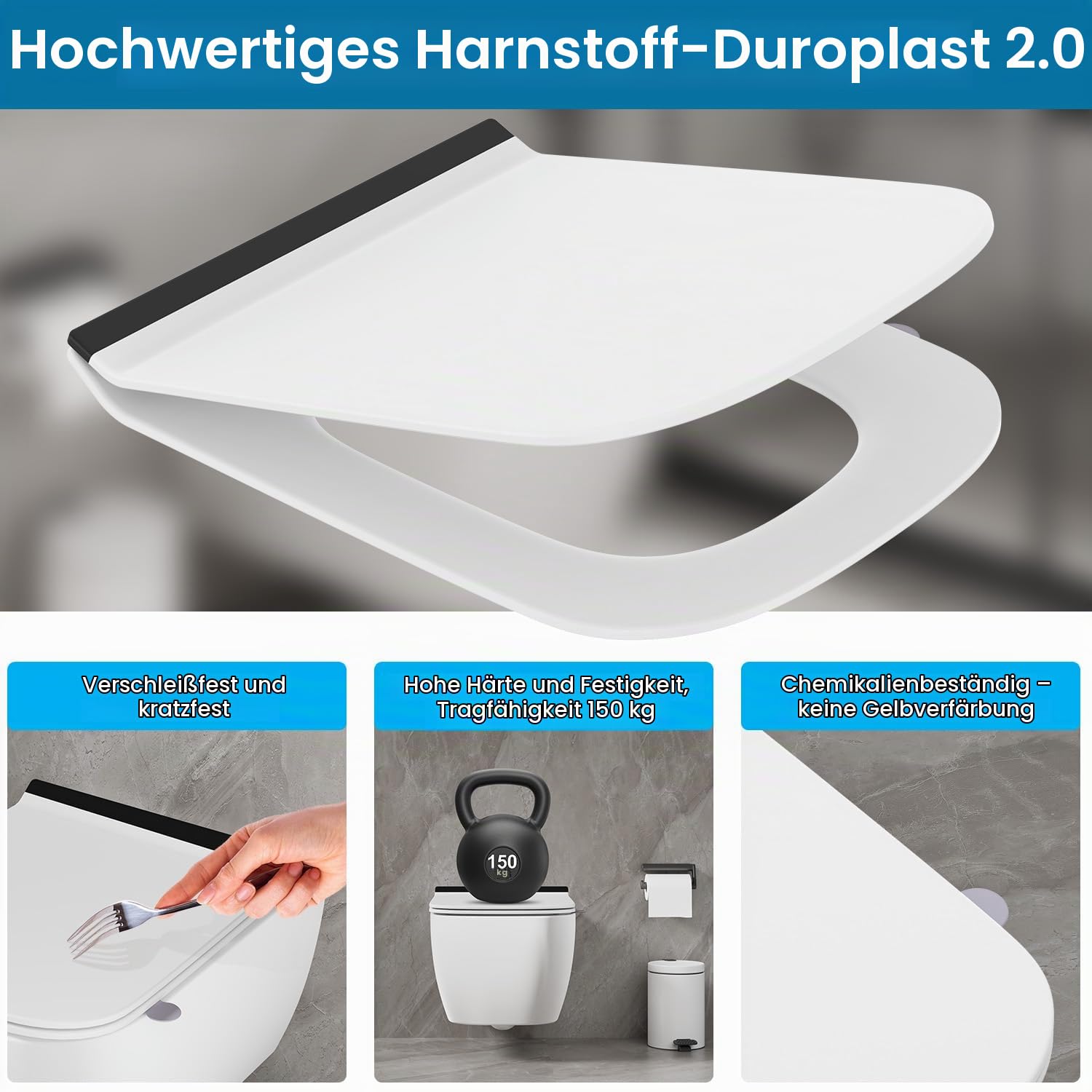 Klodeckel mit Absenkautomatik Eckig Form, Toilettendeckel Duroplast, WC-Sitz Einfache Montage und Reinigung, Klodeckel mit Quick-Release-Funktion, Klobrille Softclose, Toilettensitz Weiß