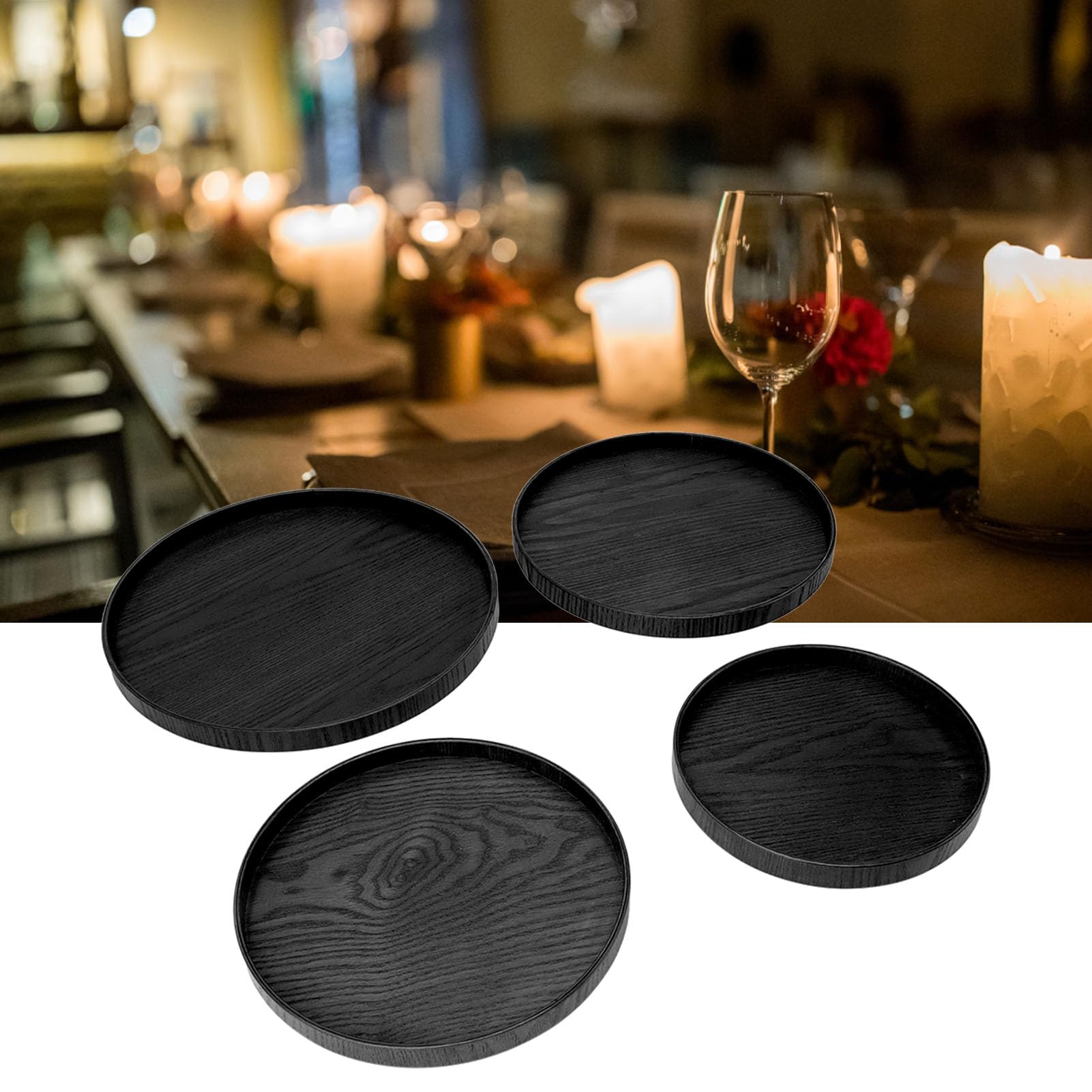 Bandeja de madera negra para servir, antideslizante, a prueba de derrames, multifuncional, redonda, para restaurantes, hogar y fiestas, y elegante accesorio de cocina