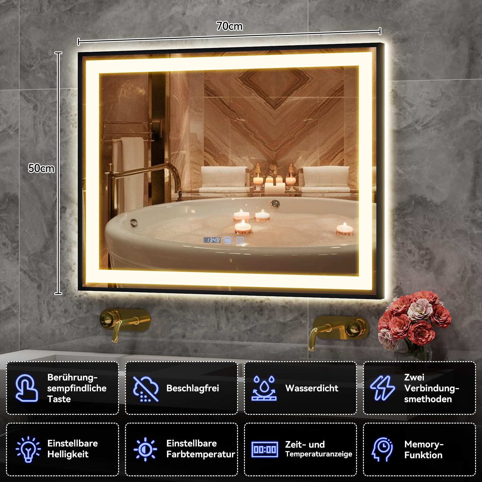YU YUSING Badspiegel mit Beleuchtung 70x50cm Badezimmerspiegel LED Mit Uhr | Beschlagfrei, 3 Lichtfarbe Dimmbar, Wandspiegel Metallrahmen mit Touch-Schalter, LED Spiegel mit IP44, Vertikale Schwarz
