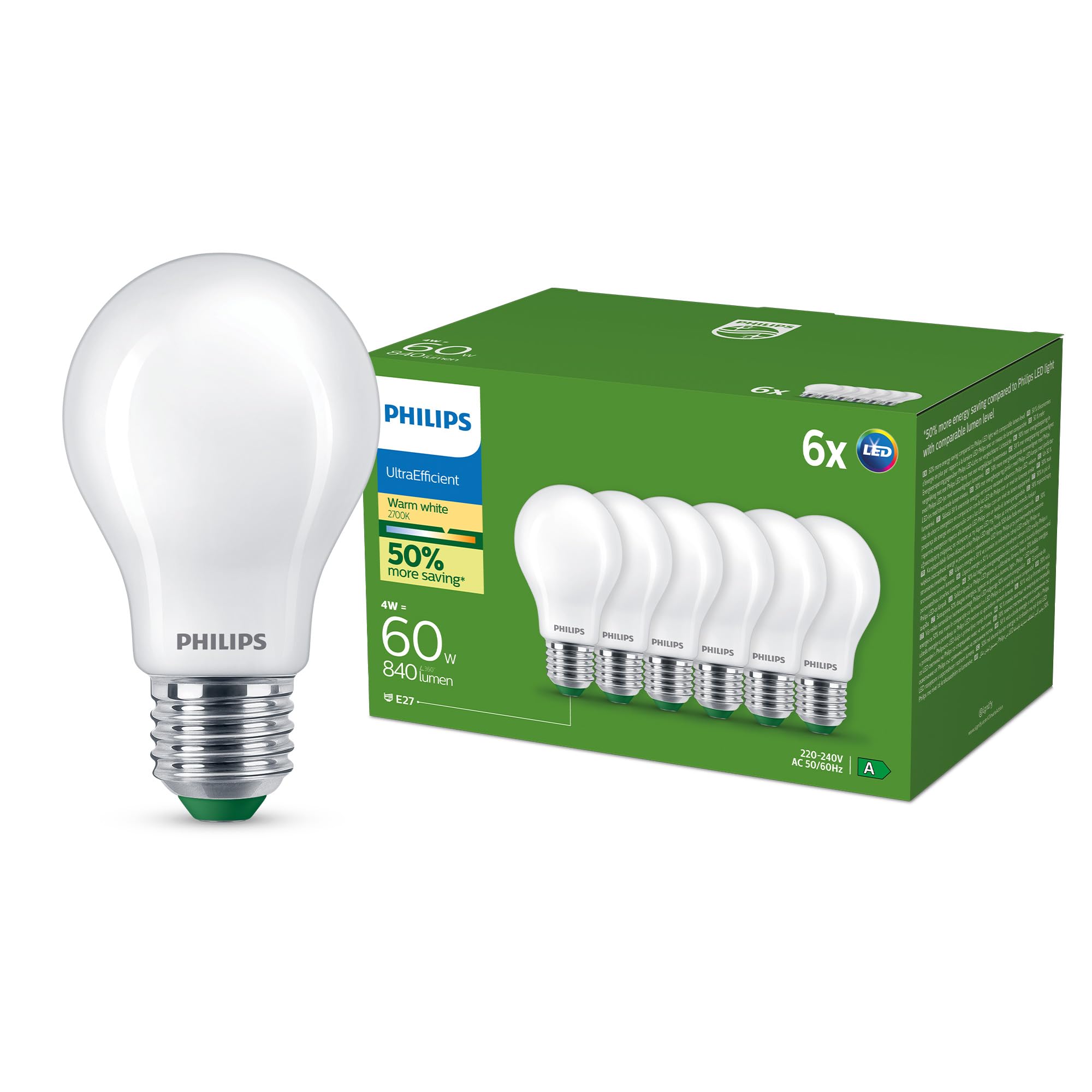 Philips Ultra Efficient - Ultra energy saving lights, E27 LED light source, 60W, A60, warm white, pack of 6, frosted