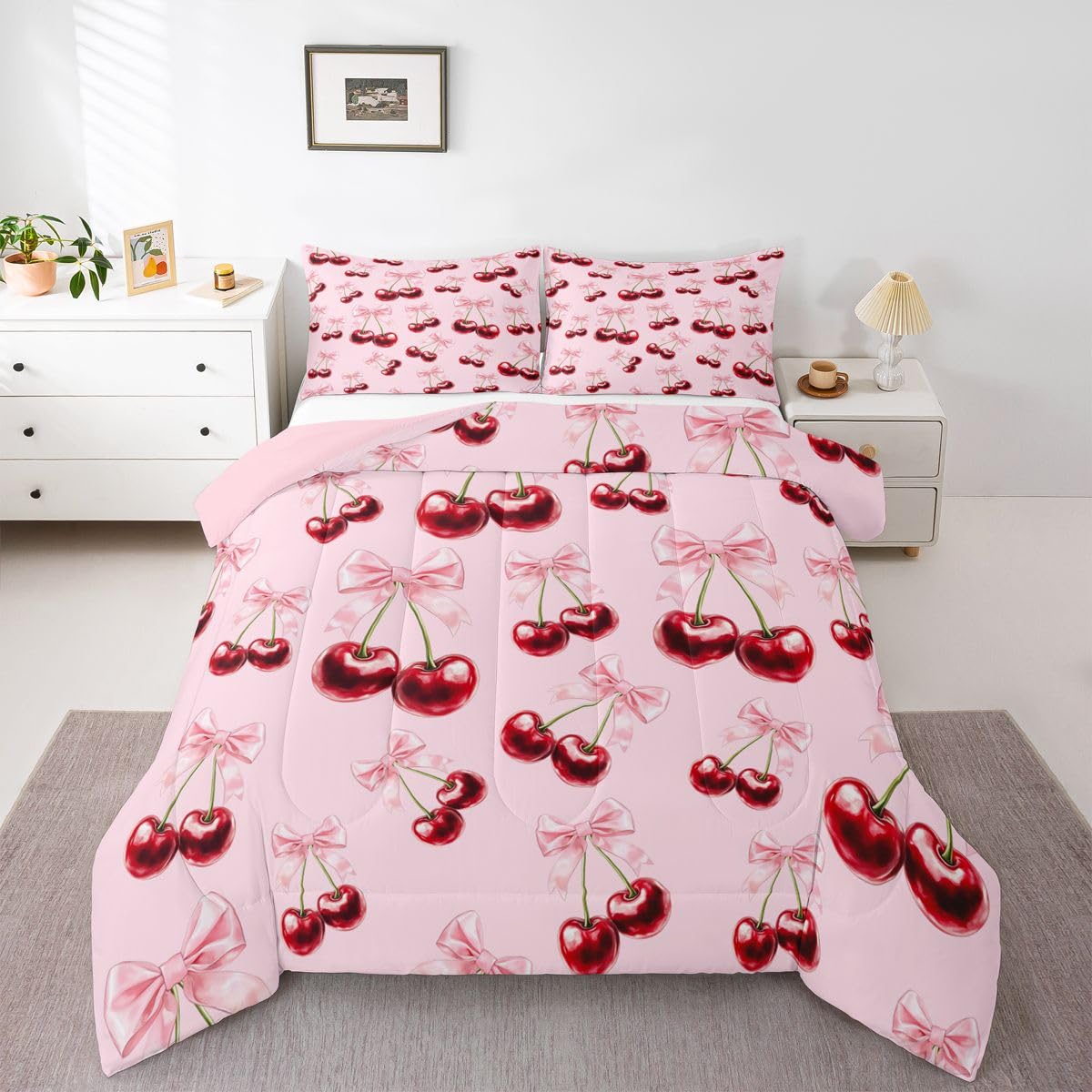 Homewish Różowa kokarda wiśnia podwójne zestawy pościeli - urocza różowe kokardki zestaw kołdry modny zestaw kołder muszka - kawaii kokardka bez przykrycia kołdra