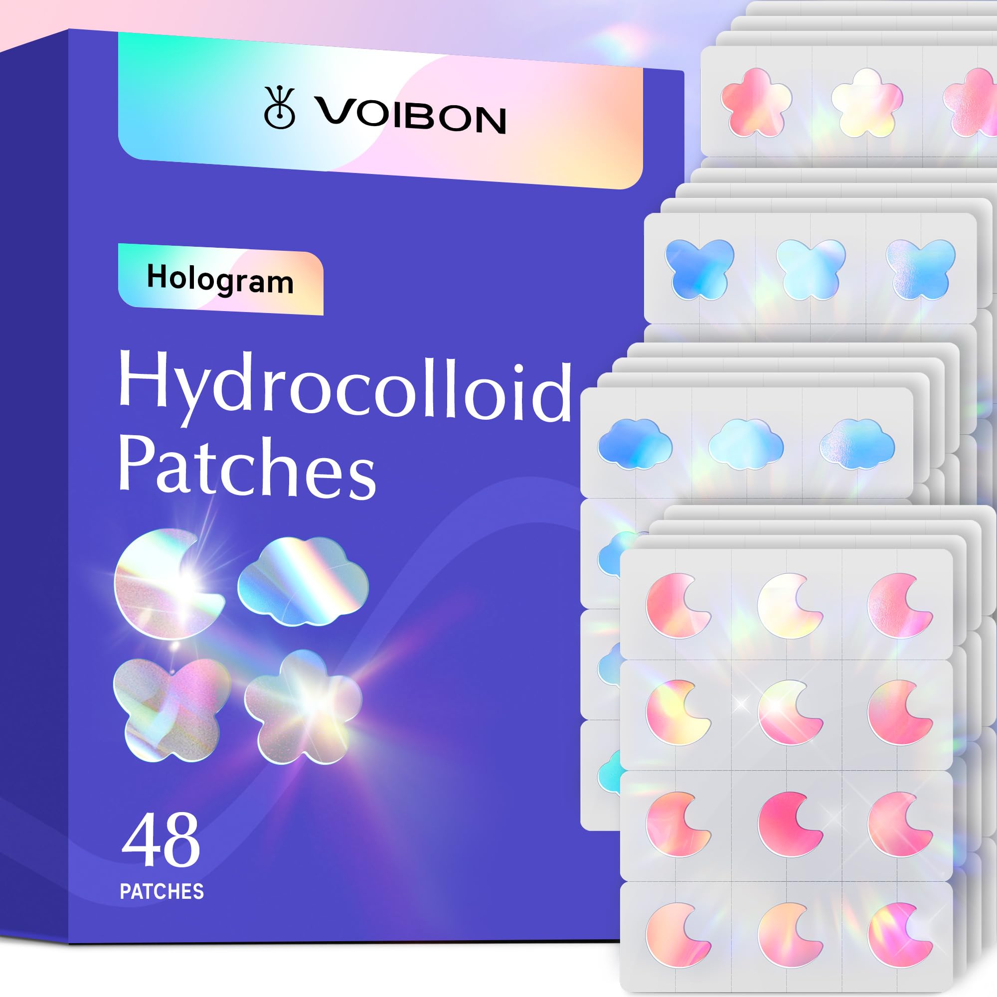Voibon Hologram Pimple Patches for Face, Cute Hydrocolloid Acne Patches, Salicylic Acid & Tea Tree Colorful Flower Spot Stickers,Zits & Blemish, Moon Cloud Butterfly Flower Zit Patches 12MM(48 Count)
