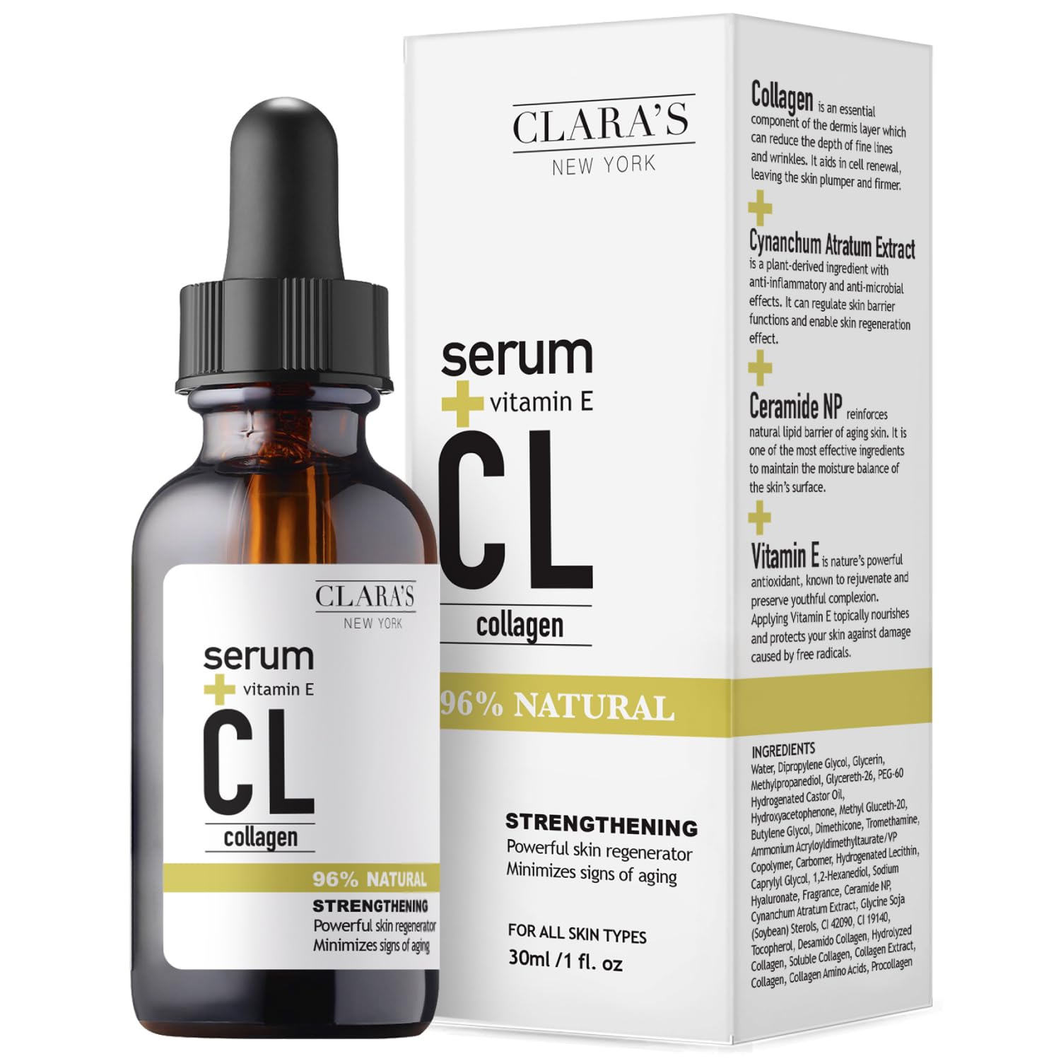 CLARA'S NEW YORK Collagen Facial Serum with Vitamin E – Hydrating, Smoothing & Brightening Skin – 30ml / 1 Fl Oz – Made in USA